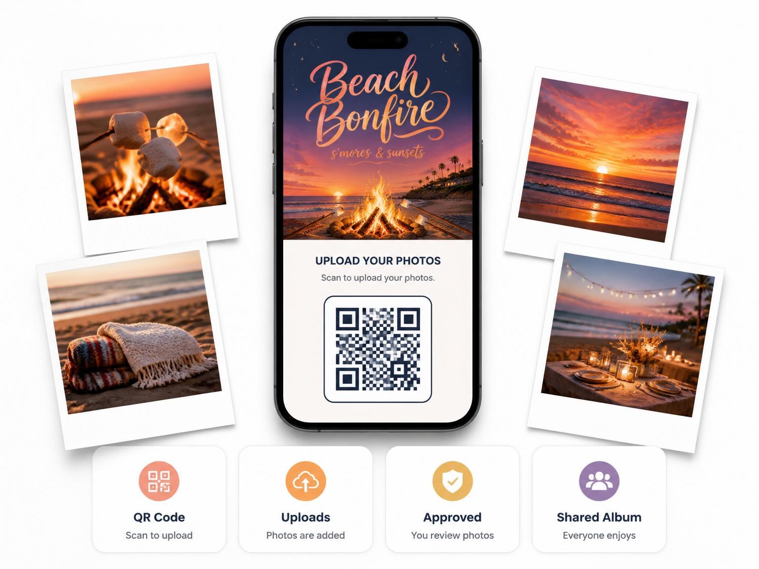 The shared photo gallery that comes with the Sunset Beach Bonfire Party Invitation invitation