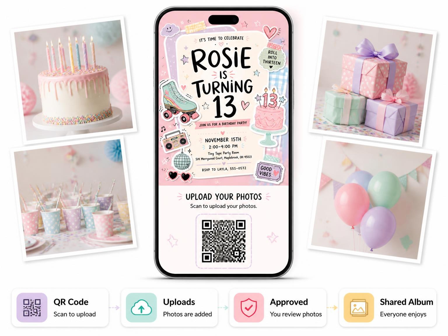 The shared photo gallery that comes with the Roller Skate Pastel 13th Birthday Invitation invitation
