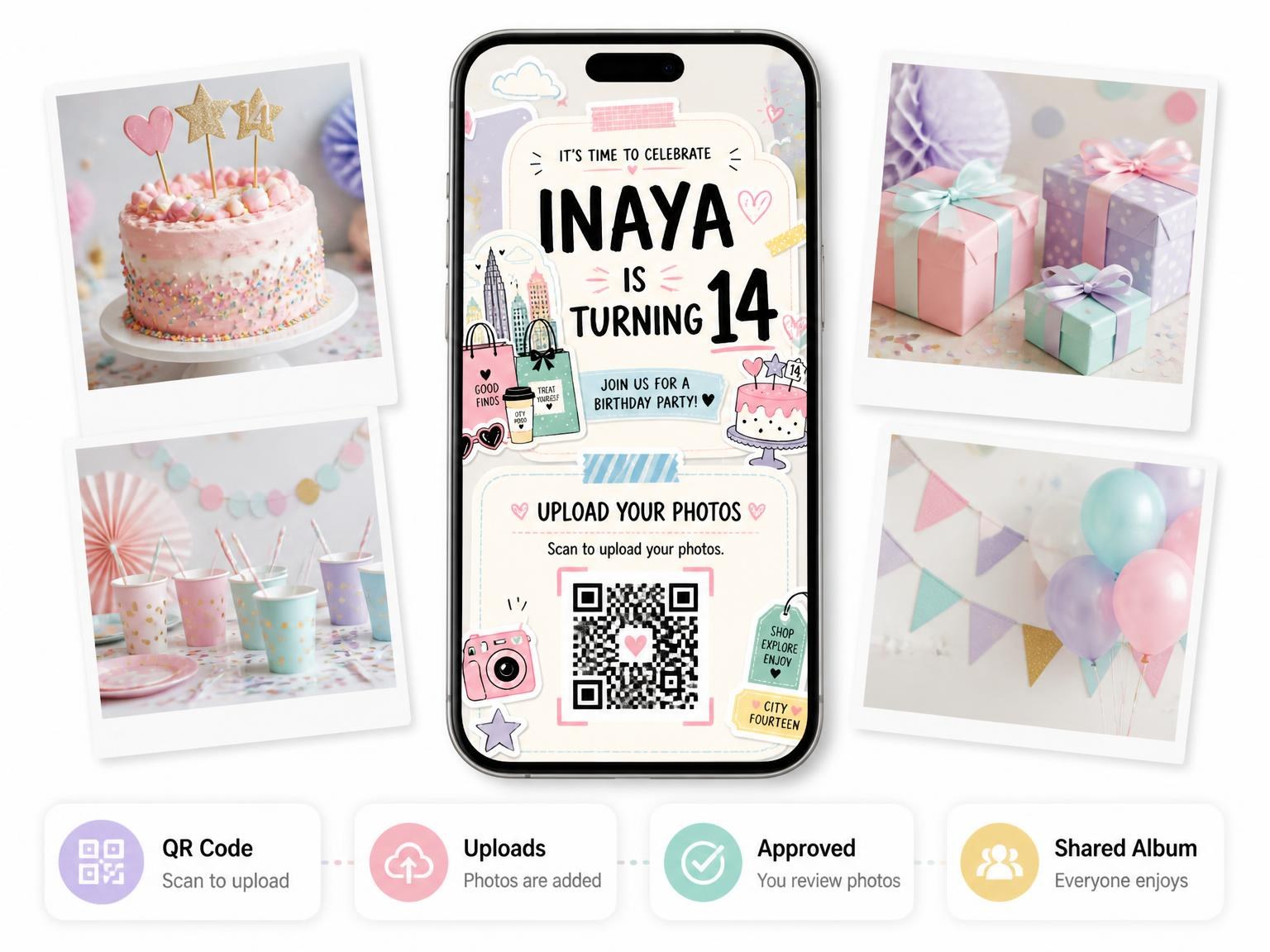 The shared photo gallery that comes with the Shopping Bags Pastel 14th Birthday Invitation invitation