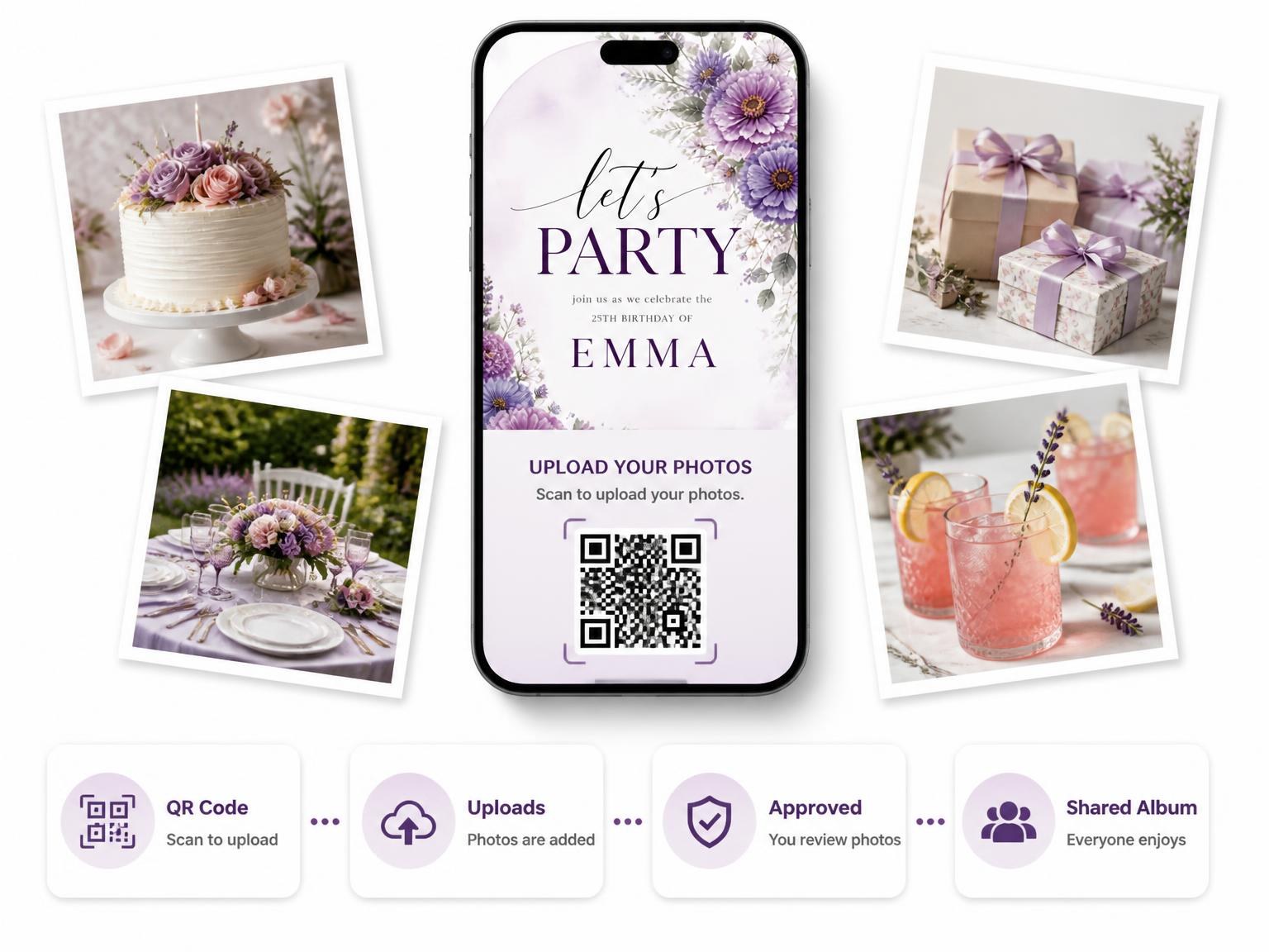 The shared photo gallery that comes with the Arch Wash Lavender 25th Birthday Invitation invitation