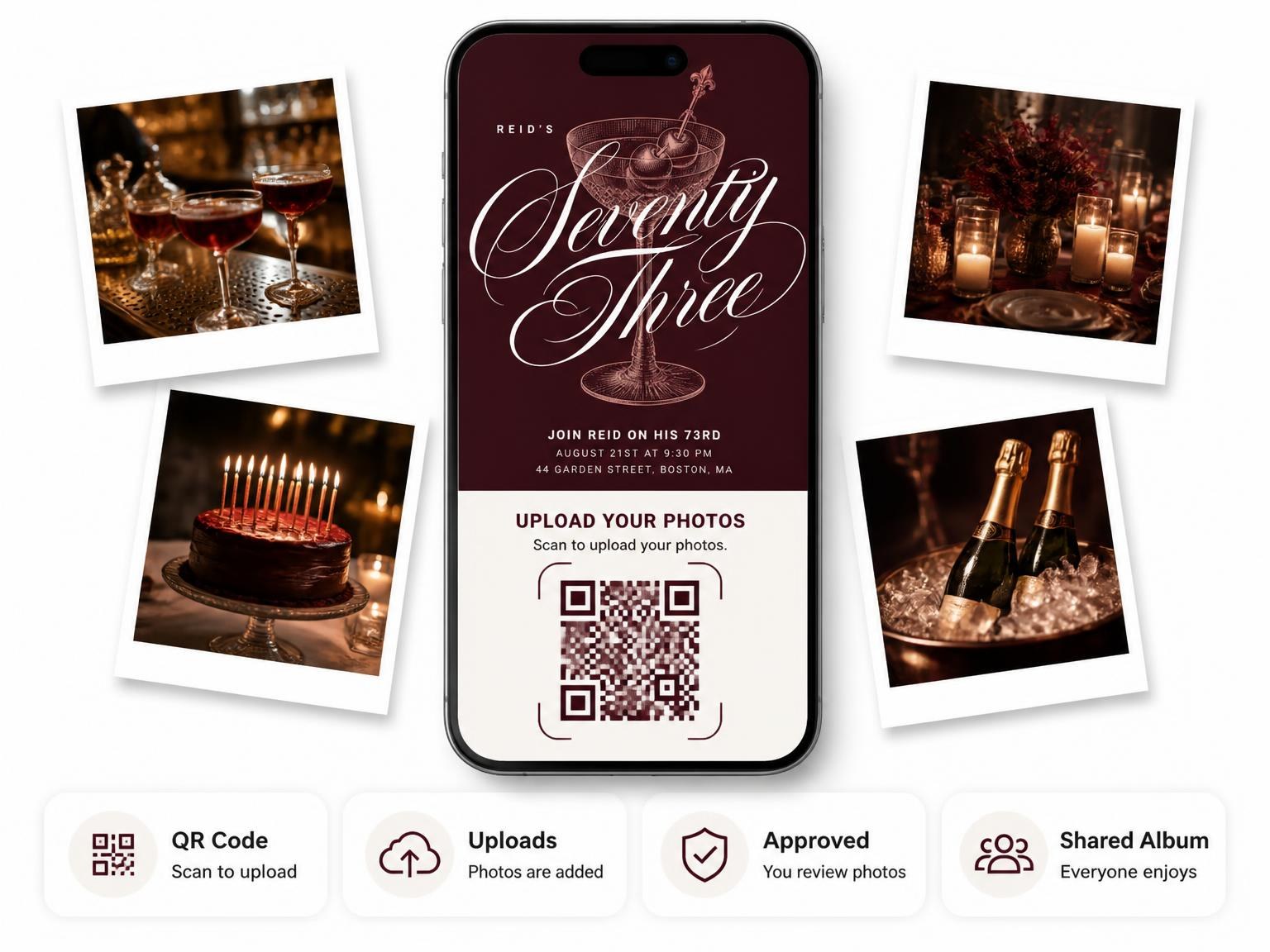 The shared photo gallery that comes with the Burgundy Cocktail 73rd Birthday Invitation invitation