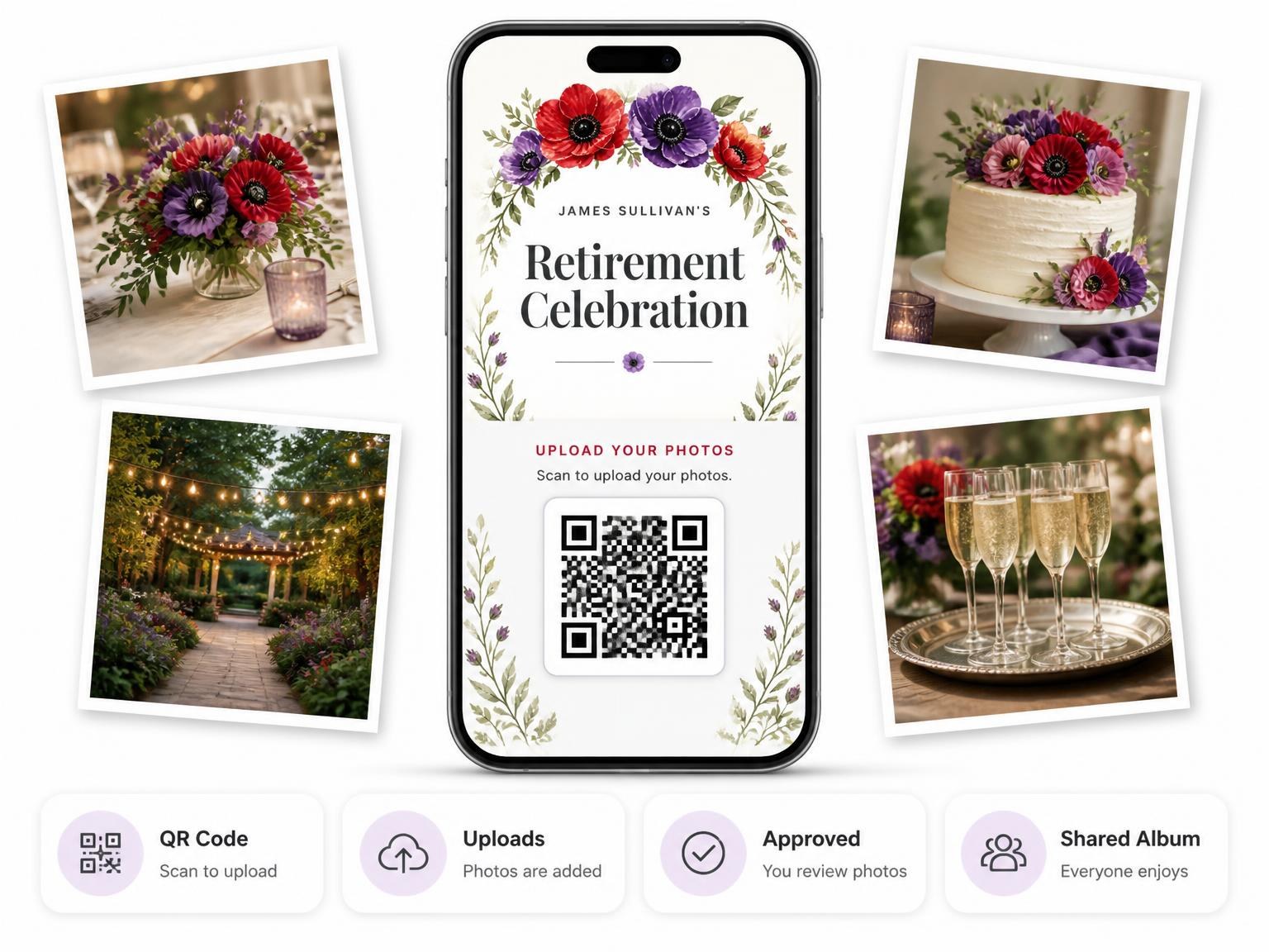 The shared photo gallery that comes with the Anemone Wreath Retirement Party Invitation invitation