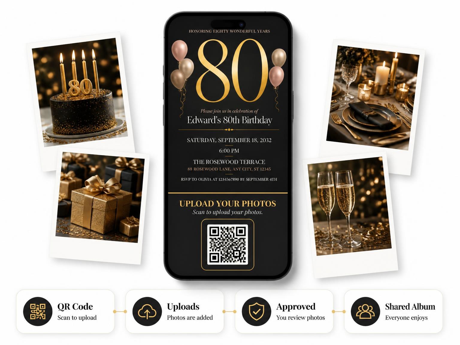 The shared photo gallery that comes with the Charcoal and Blush 80th Birthday Invitation invitation