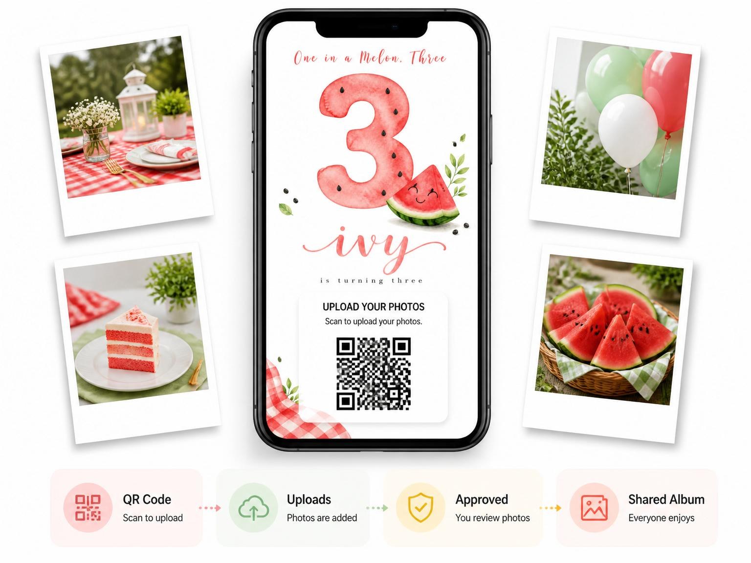 The shared photo gallery that comes with the Watercolor Watermelon Slice 3rd Birthday invitation