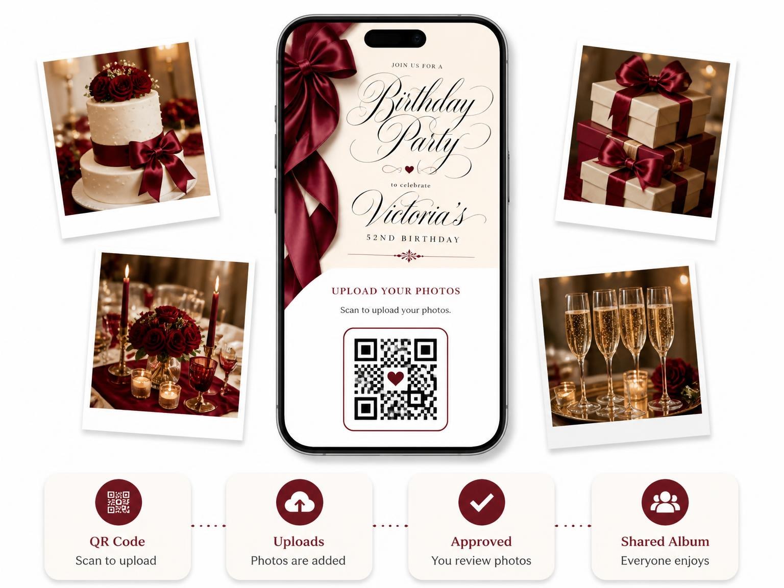The shared photo gallery that comes with the Burgundy Satin Bow 52nd Birthday Invitation invitation
