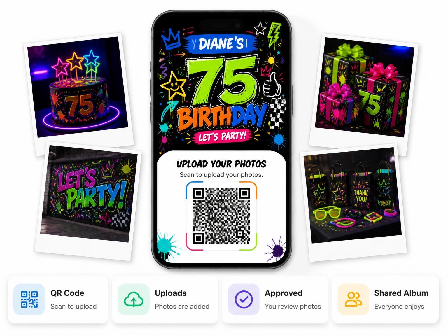The shared photo gallery that comes with the Graffiti Street Art 75th Birthday Invitation invitation