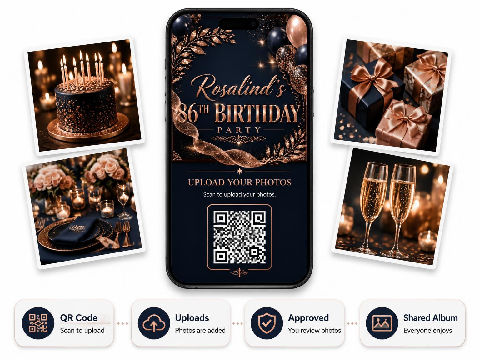 The shared photo gallery that comes with the Navy and Rose Gold 86th Birthday Invitation invitation