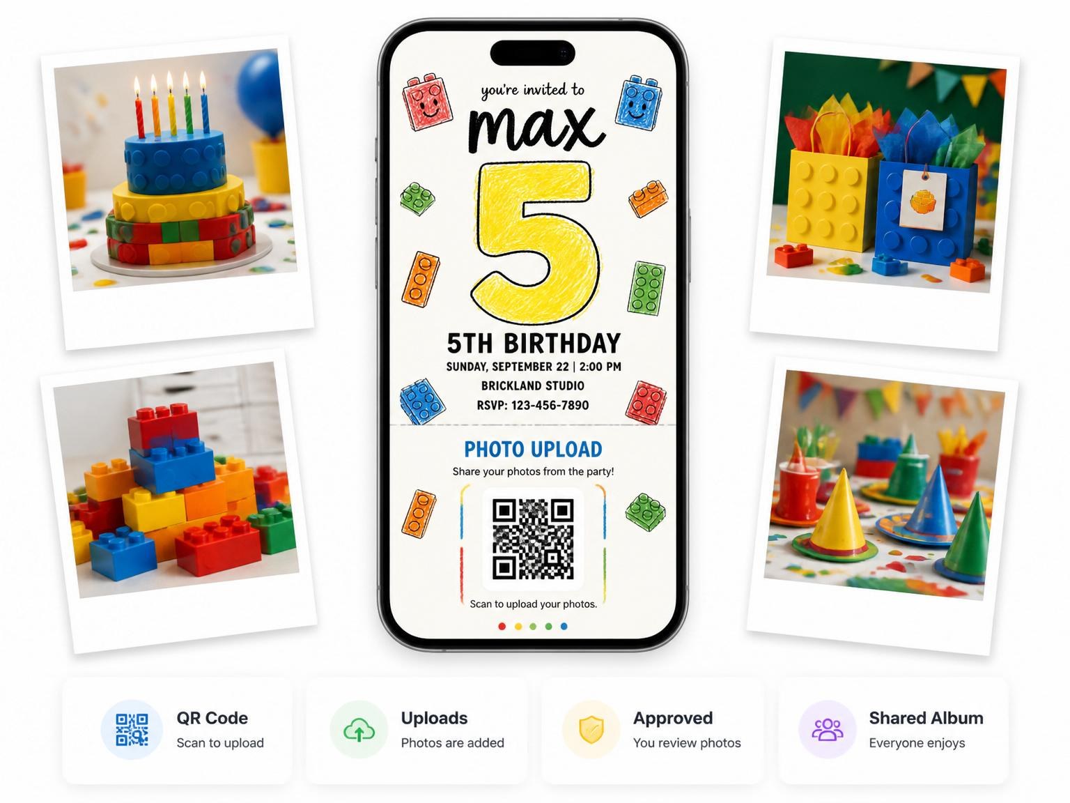 The shared photo gallery that comes with the Crayon Sketch Brick 5th Birthday invitation