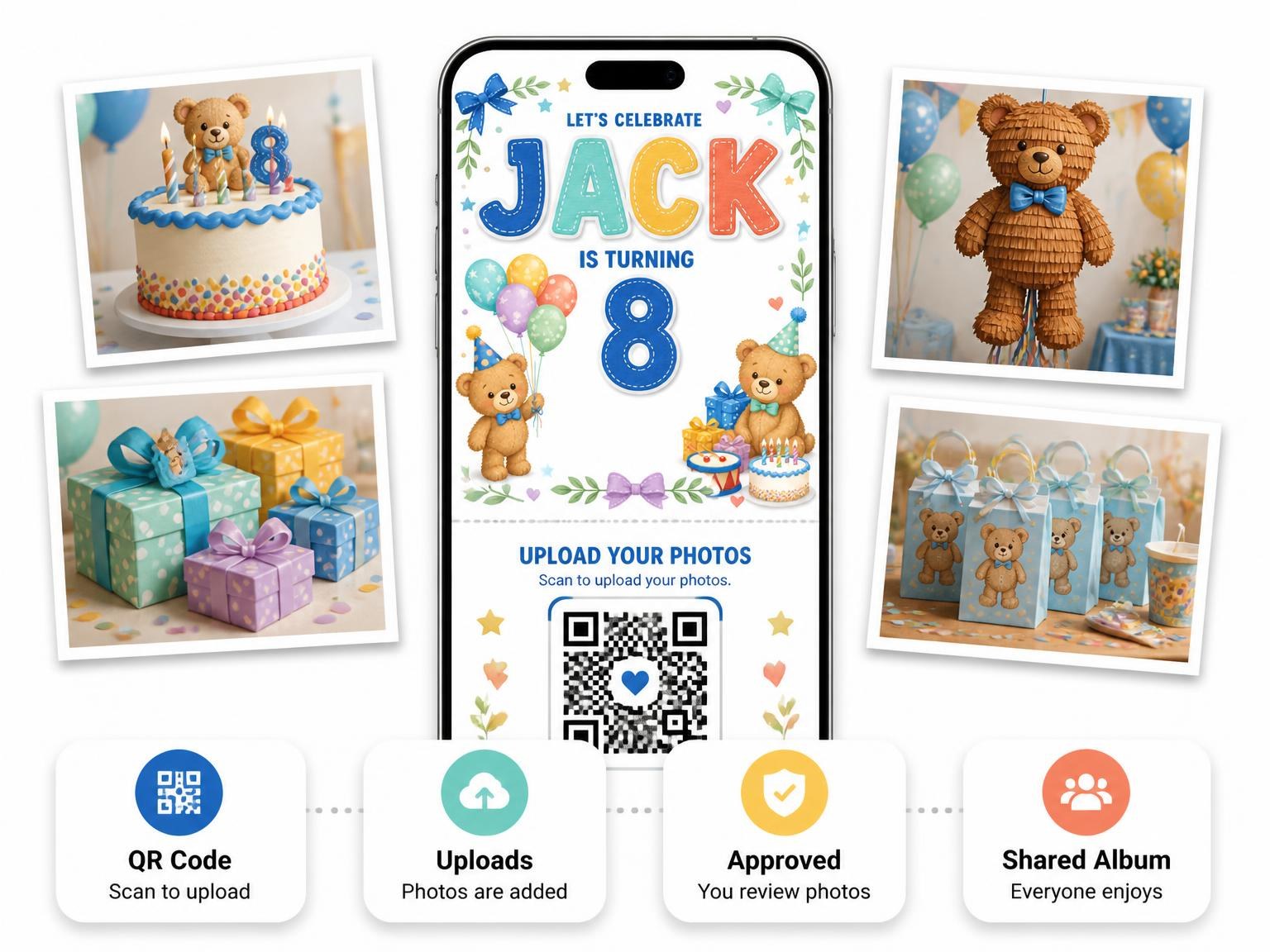The shared photo gallery that comes with the Stitched Teddy Bear 8th Birthday Invitation invitation