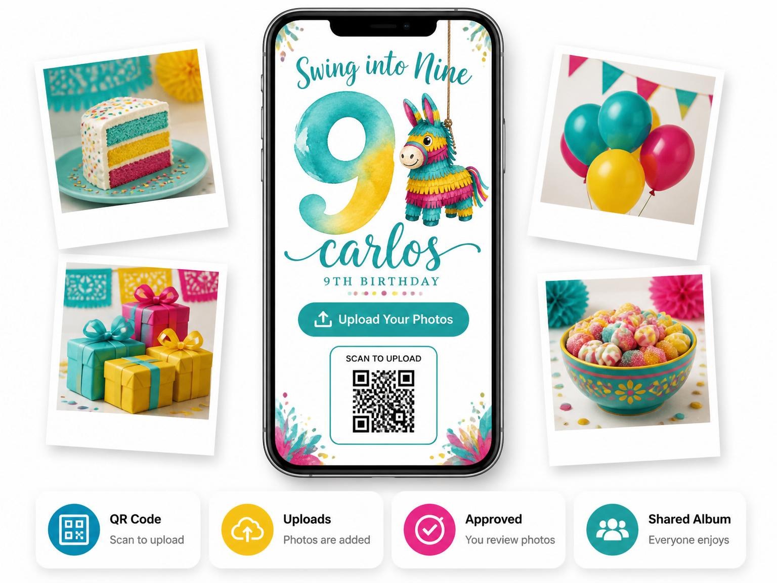 The shared photo gallery that comes with the Watercolor Piñata 9th Birthday Invite invitation