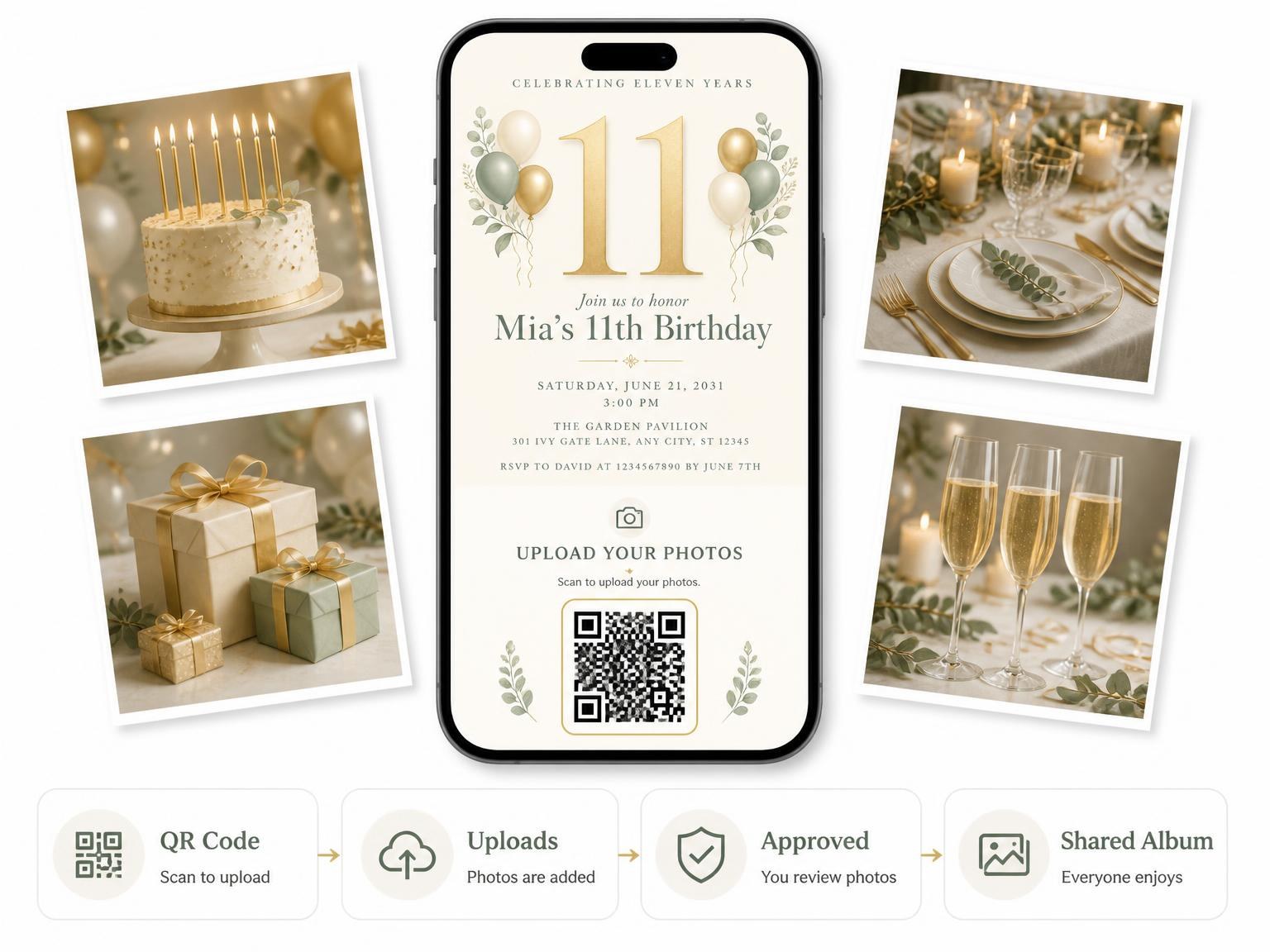 The shared photo gallery that comes with the Sage and Ivory 11th Birthday Invitation invitation