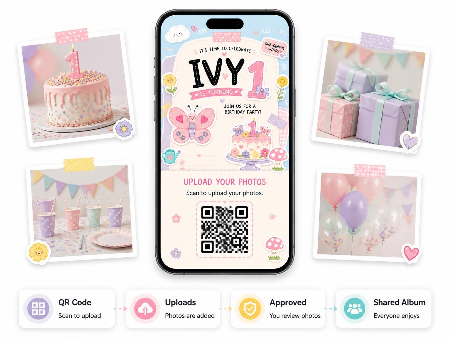 The shared photo gallery that comes with the Pink Butterfly Pastel 1st Birthday Invitation invitation