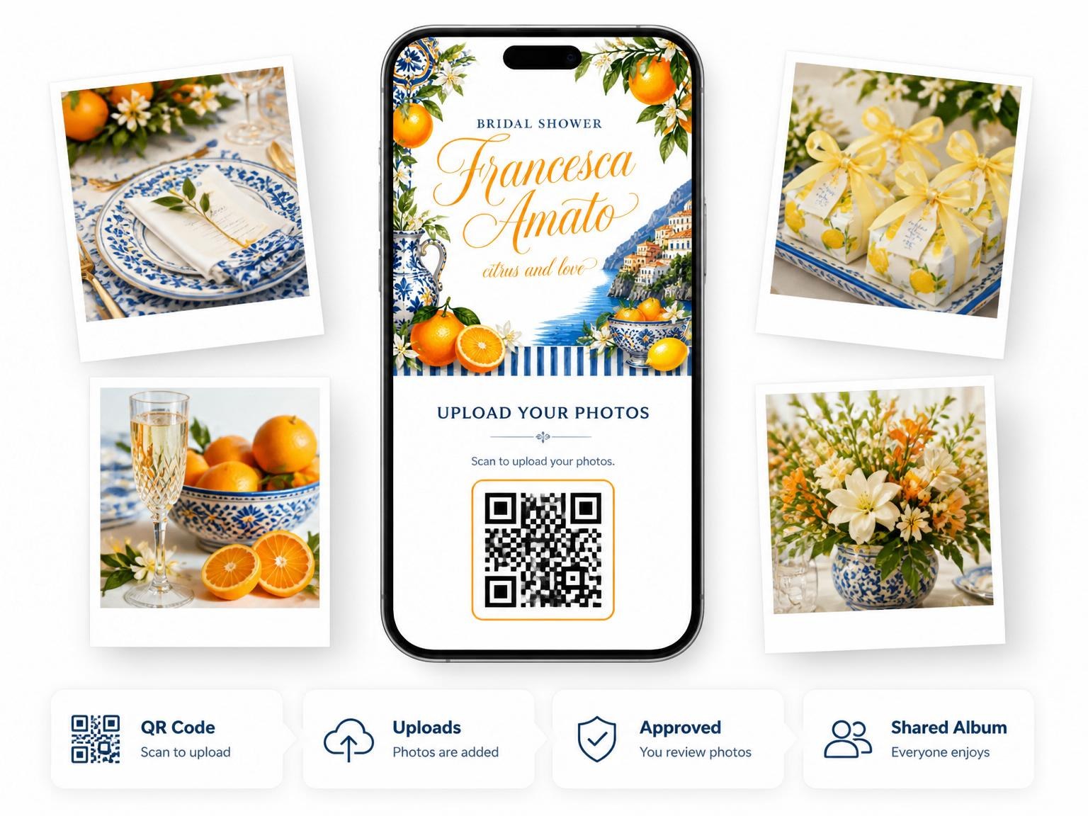 The shared photo gallery that comes with the Amalfi Citrus Ceramic Bridal Shower invitation