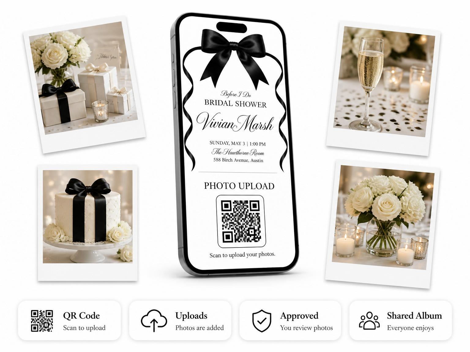 The shared photo gallery that comes with the Black Satin Bow Bridal Shower invitation
