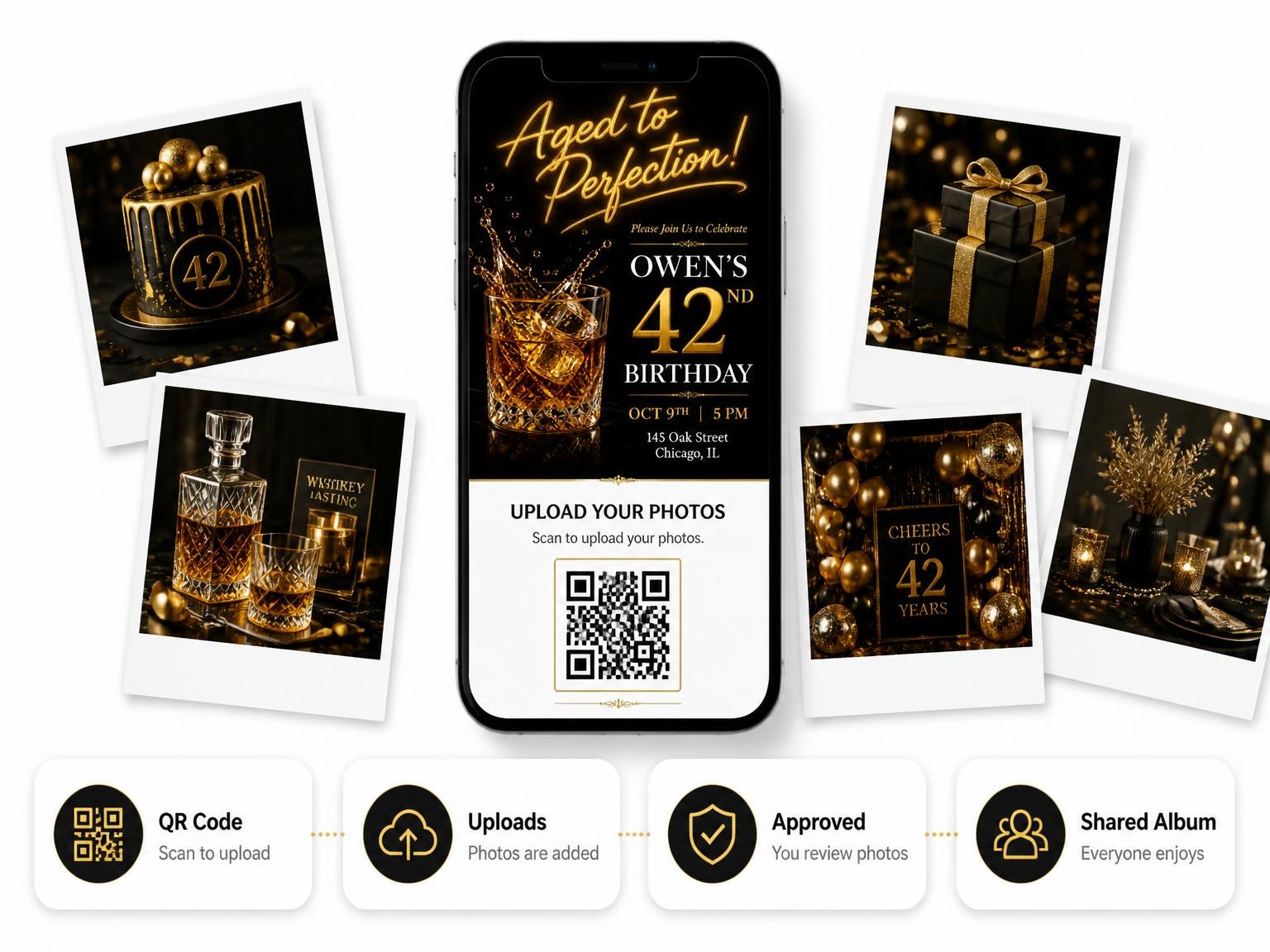 The shared photo gallery that comes with the Whiskey Rocks 42nd Birthday Invitation invitation