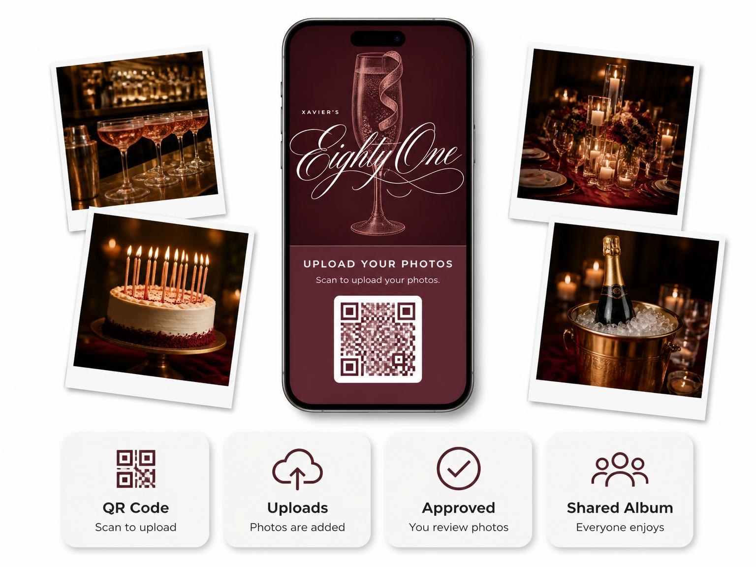 The shared photo gallery that comes with the Burgundy Cocktail 81st Birthday Invitation invitation