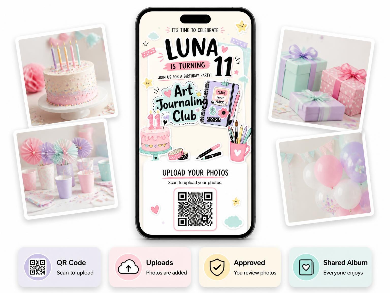 The shared photo gallery that comes with the Art Notebook Pastel 11th Birthday Invitation invitation