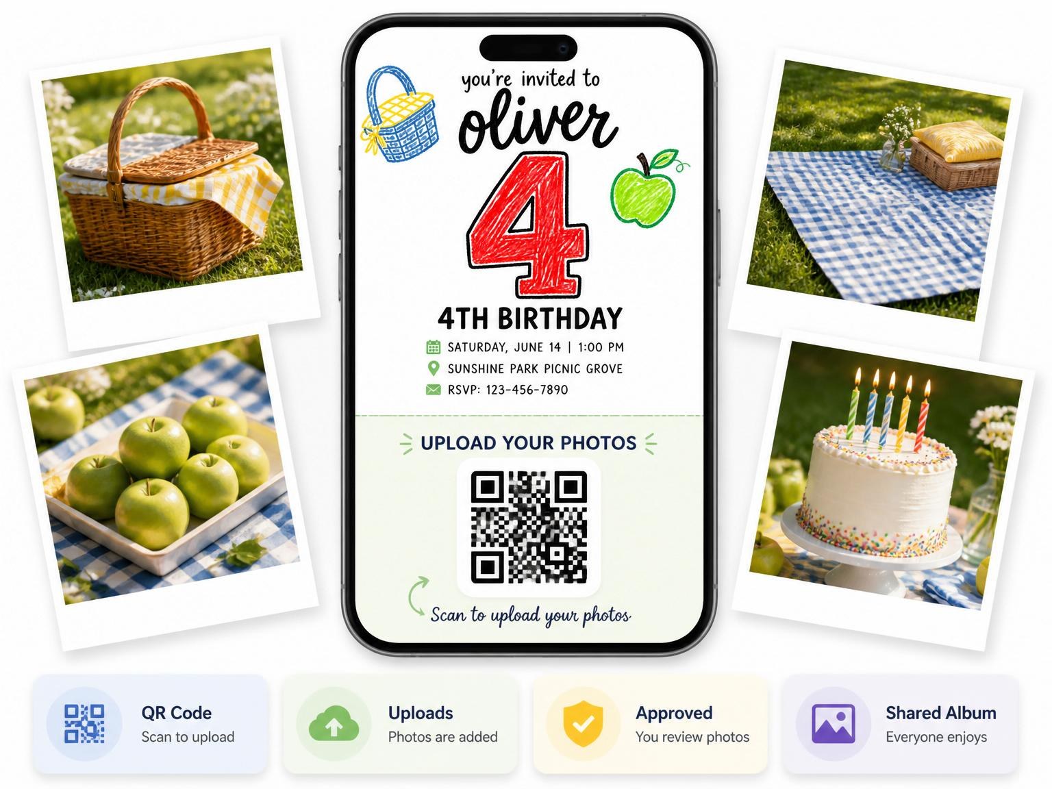 The shared photo gallery that comes with the Crayon Picnic Basket 4th Birthday Invitation invitation