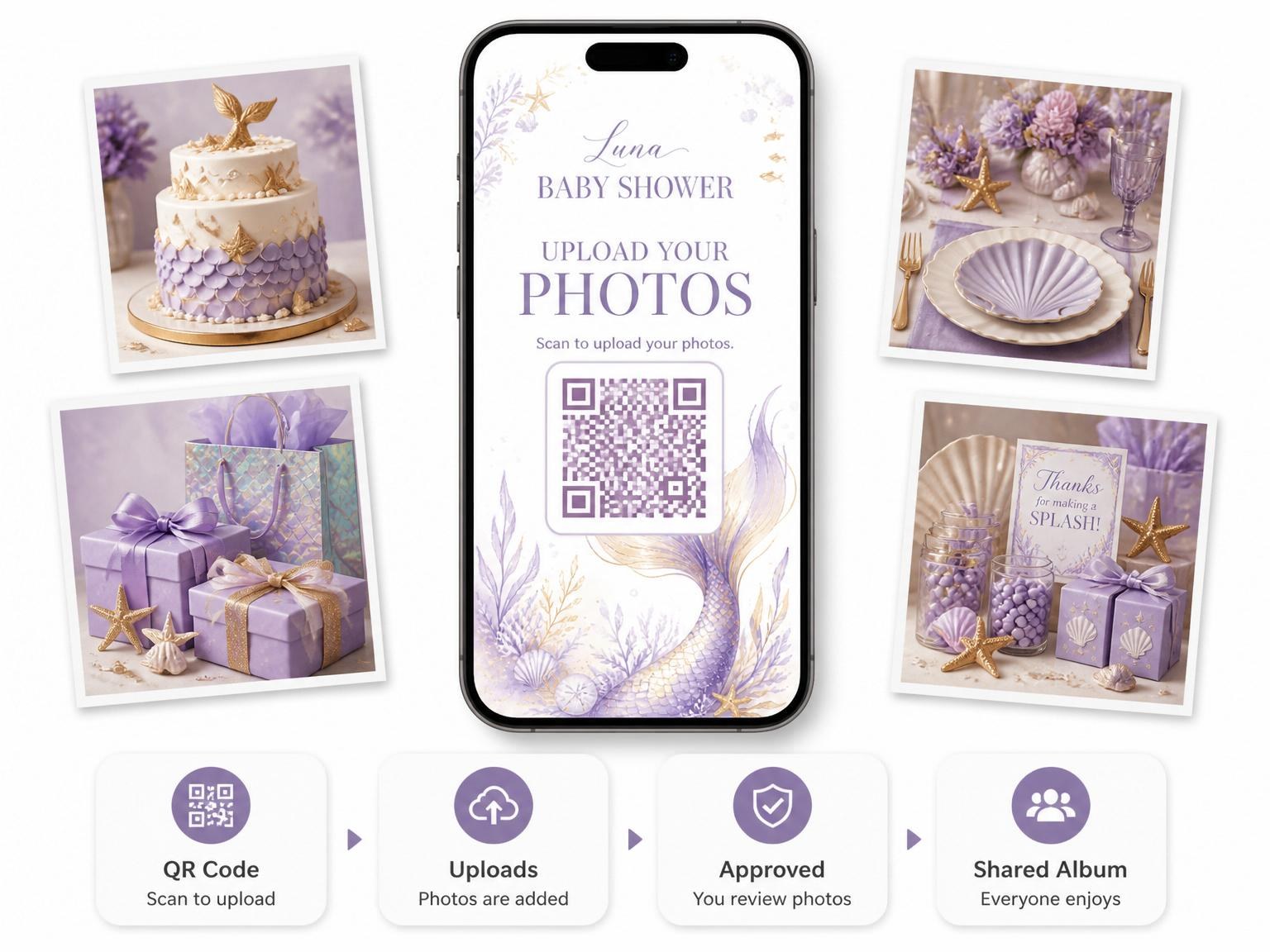 The shared photo gallery that comes with the Lavender Watercolor Mermaid Baby Shower invitation