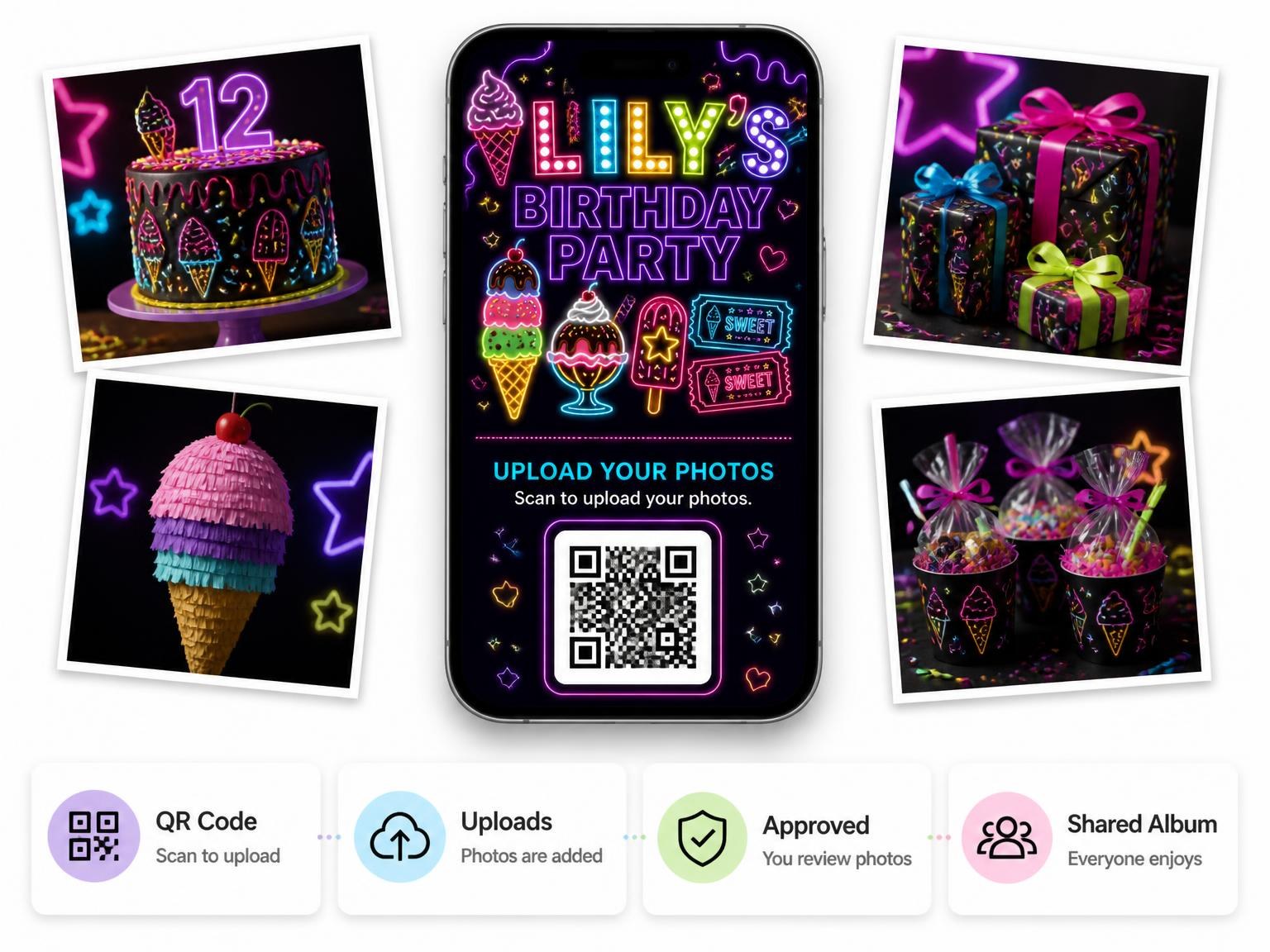 The shared photo gallery that comes with the Neon Ice Cream 12th Birthday Invitation invitation
