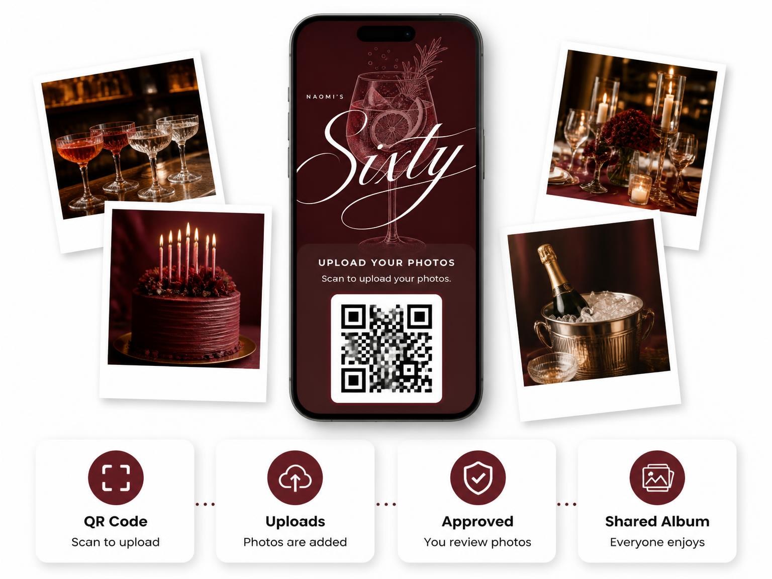 The shared photo gallery that comes with the Burgundy Cocktail 60th Birthday Invitation invitation