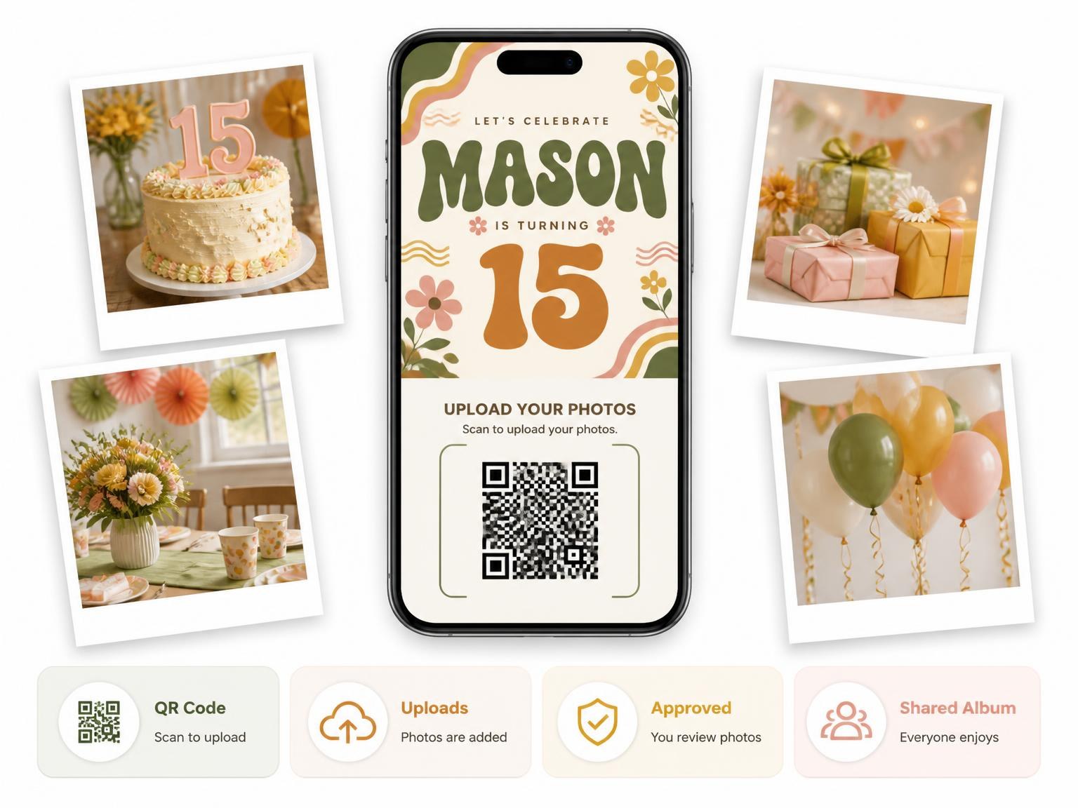 The shared photo gallery that comes with the Groovy Retro 15th Birthday Invitation invitation