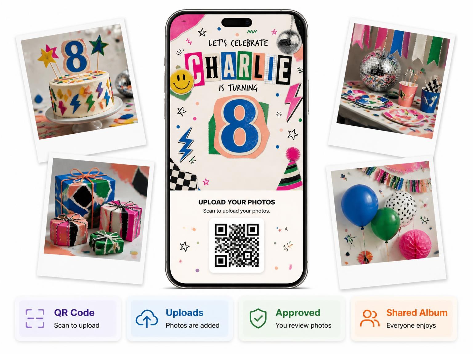 The shared photo gallery that comes with the Retro Paper Collage 8th Birthday Invitation invitation