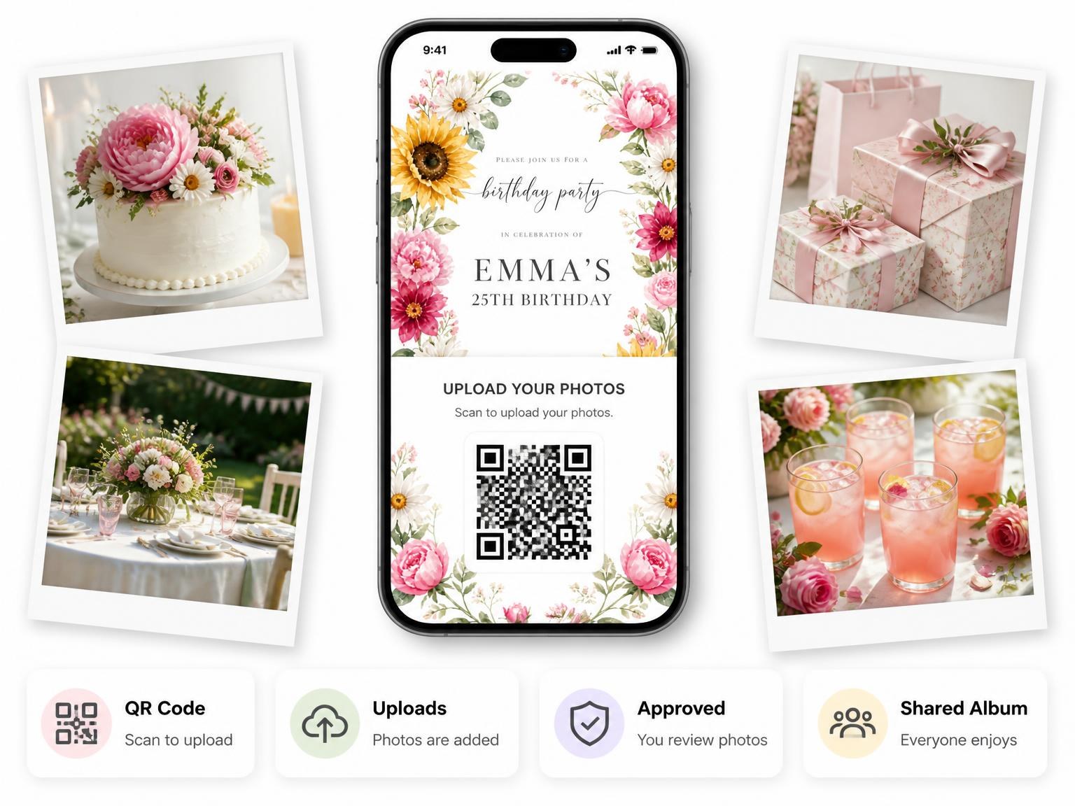 The shared photo gallery that comes with the Fuchsia Oval Wreath 25th Birthday Invitation invitation