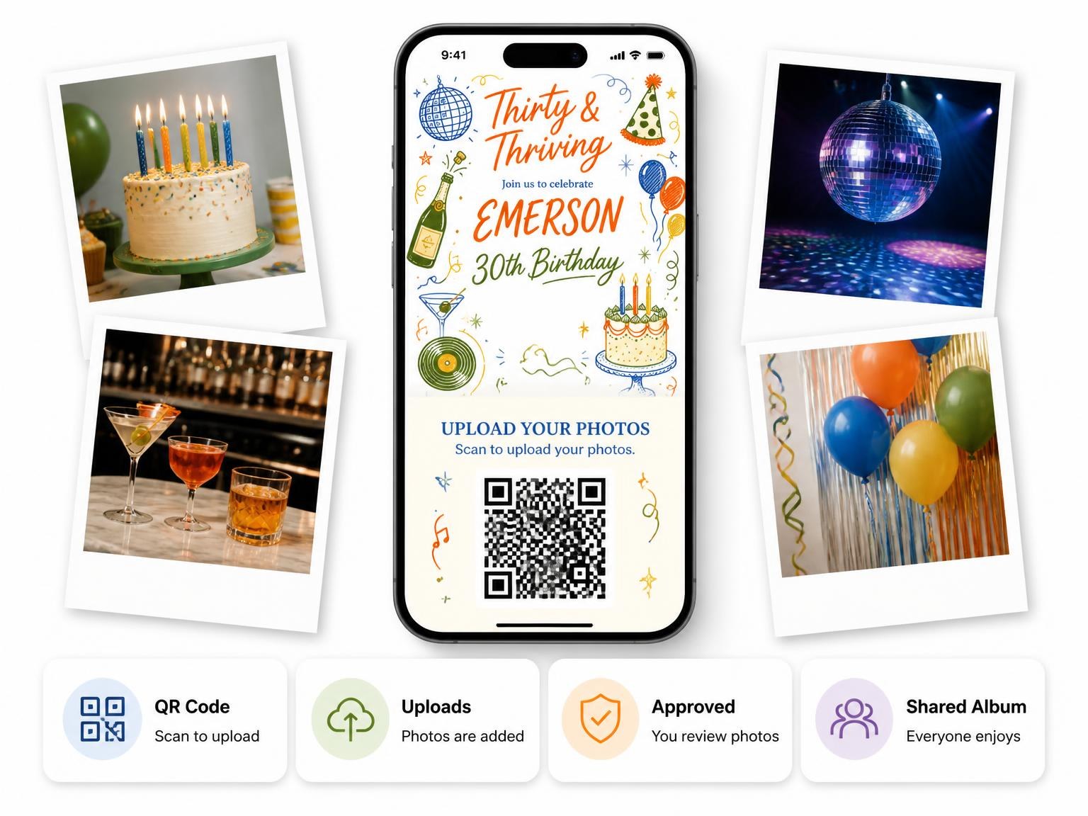 The shared photo gallery that comes with the Retro Doodle 30th Birthday Invitation invitation