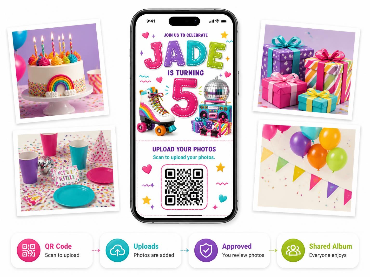 The shared photo gallery that comes with the Disco Ball Stitched 5th Birthday Invitation invitation