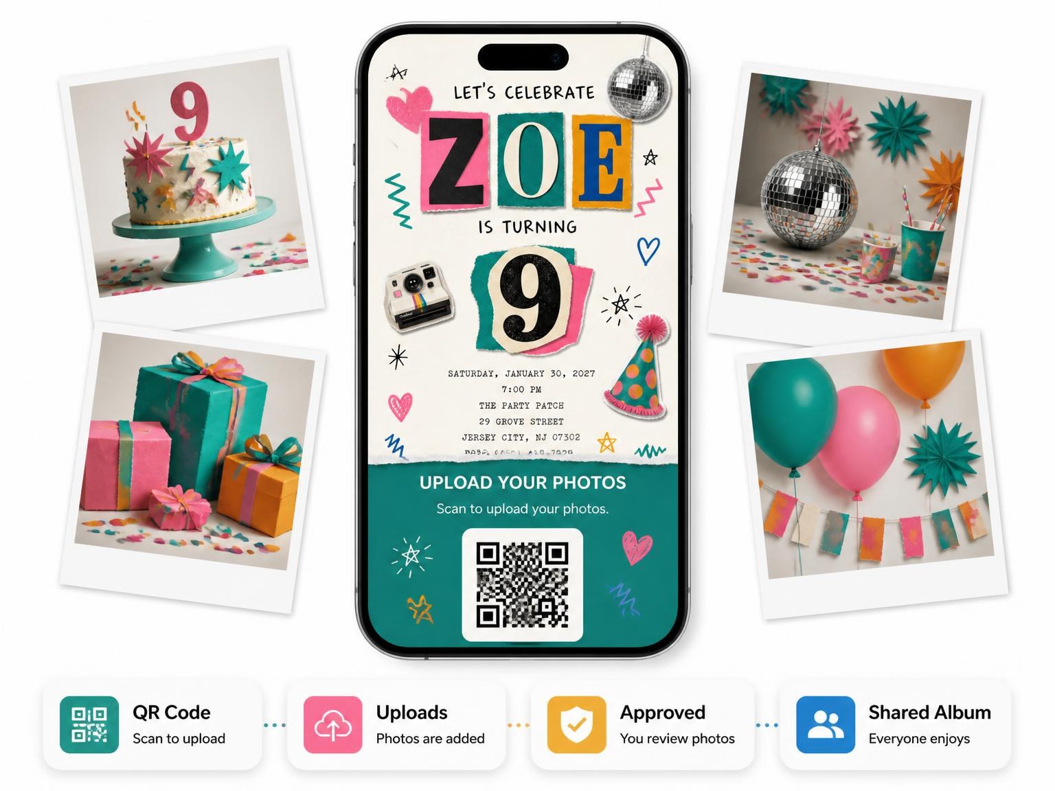 The shared photo gallery that comes with the Retro Paper Collage 9th Birthday Invitation invitation