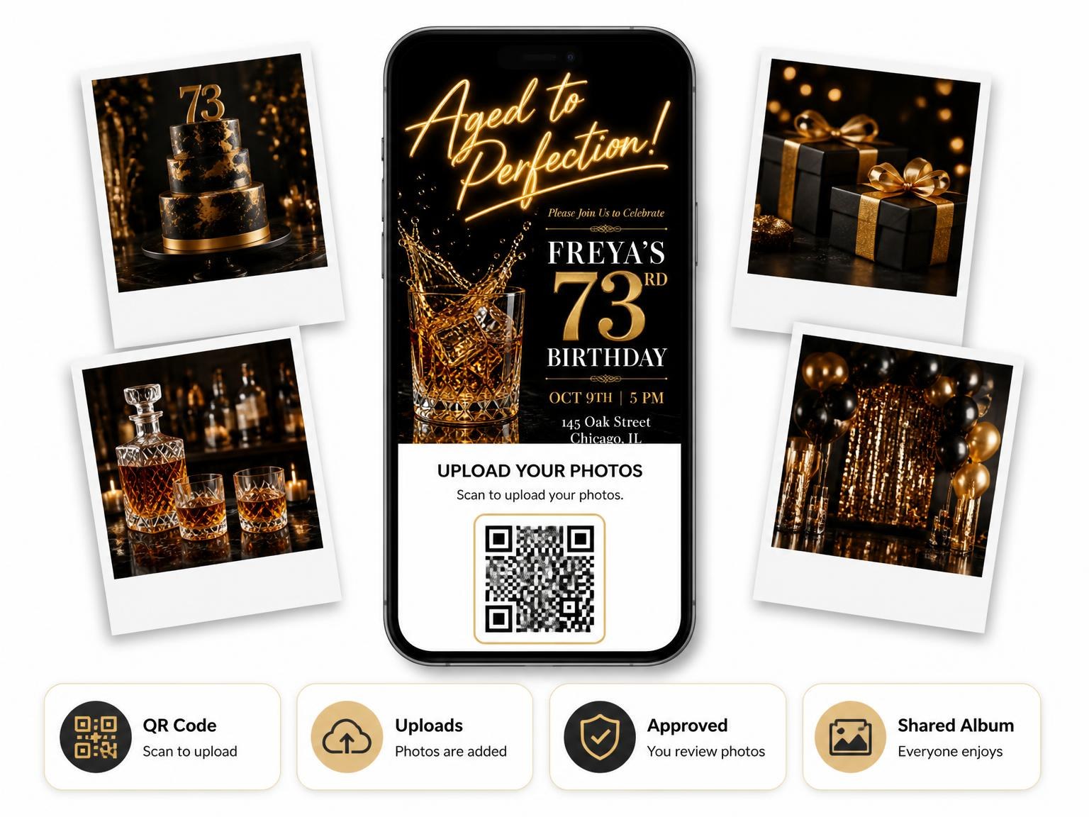 The shared photo gallery that comes with the Crystal Whiskey 73rd Birthday Invitation invitation