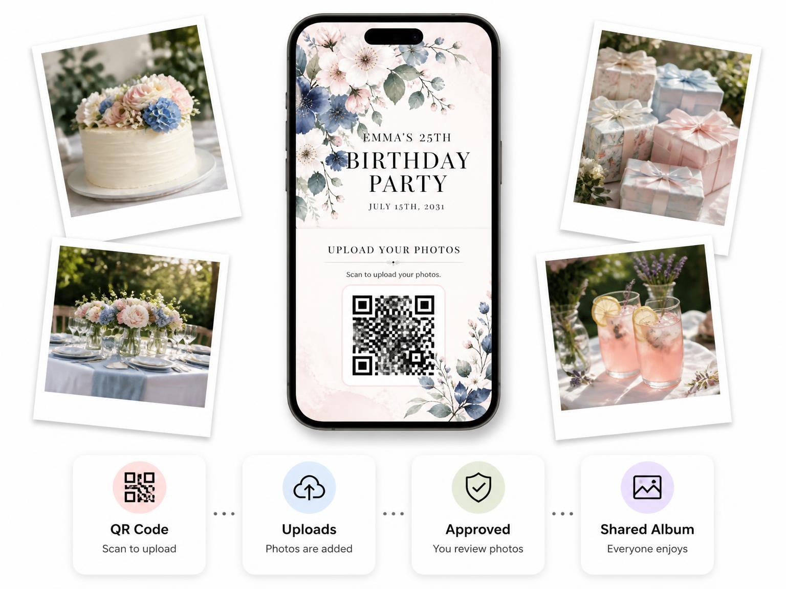 The shared photo gallery that comes with the Floral Branch Dusty Blue 25th Birthday Invitation invitation
