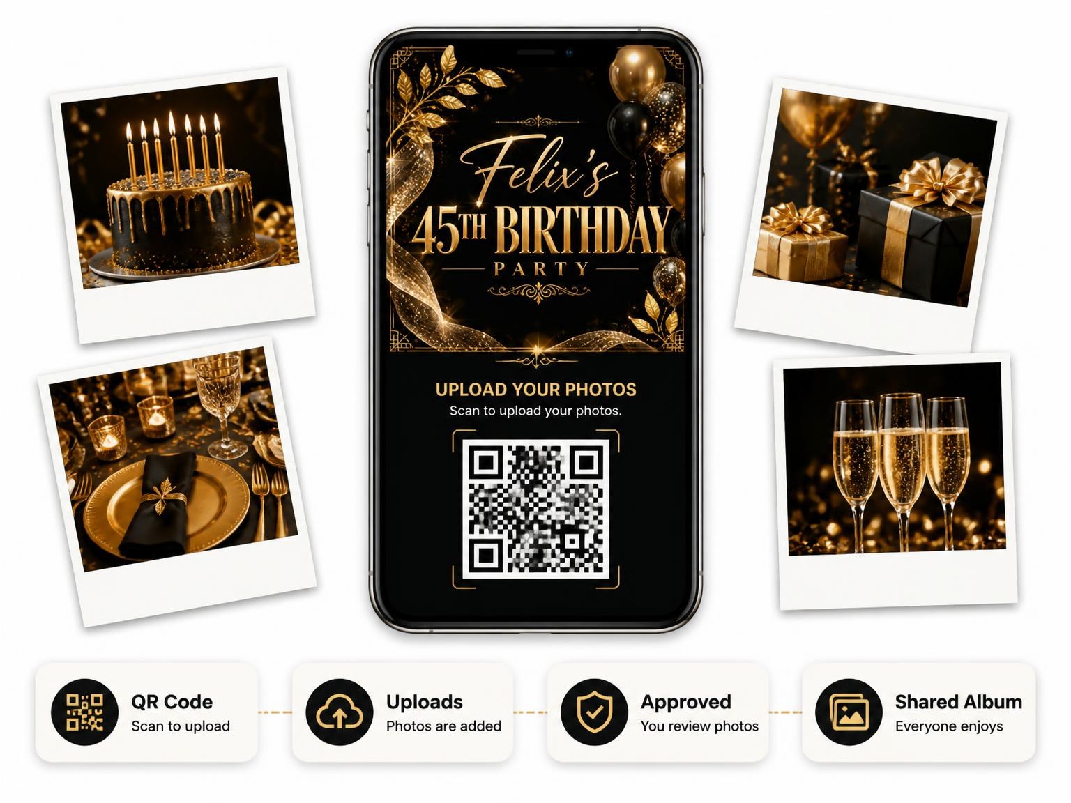 The shared photo gallery that comes with the Black and Gold 45th Birthday Invitation invitation