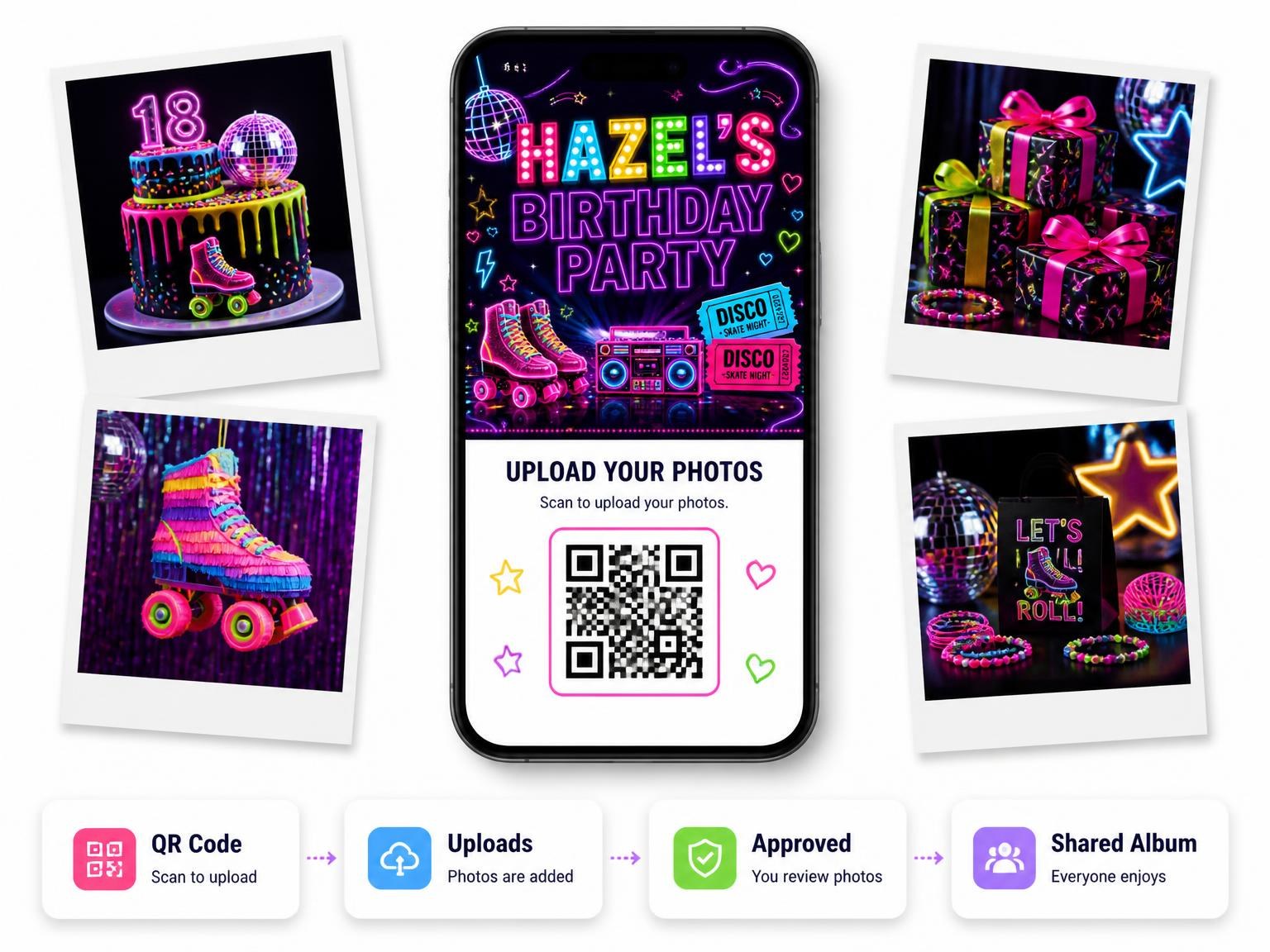 The shared photo gallery that comes with the Neon Roller Disco 18th Birthday Invitation invitation