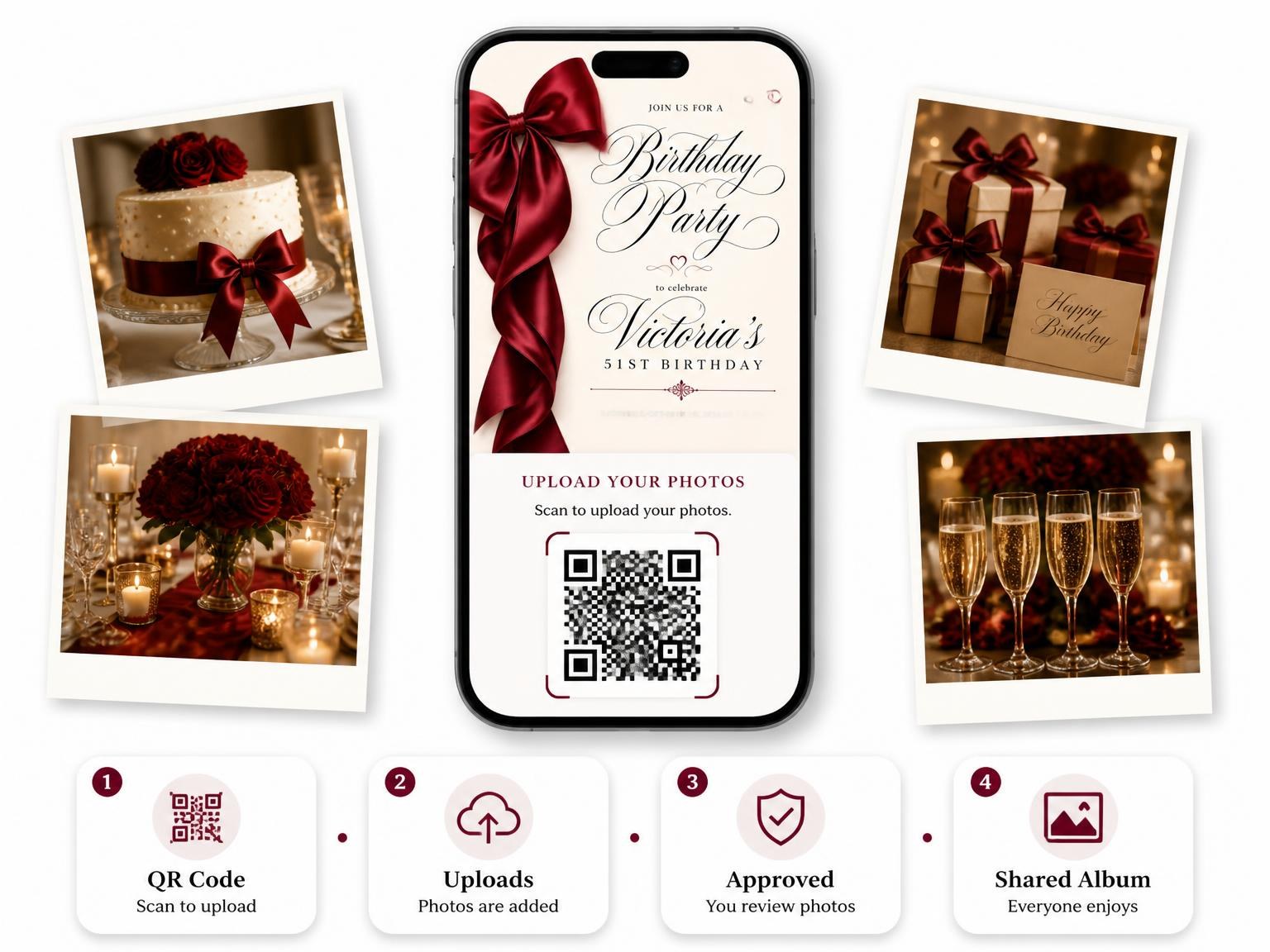 The shared photo gallery that comes with the Burgundy Satin Bow 51st Birthday Invitation invitation