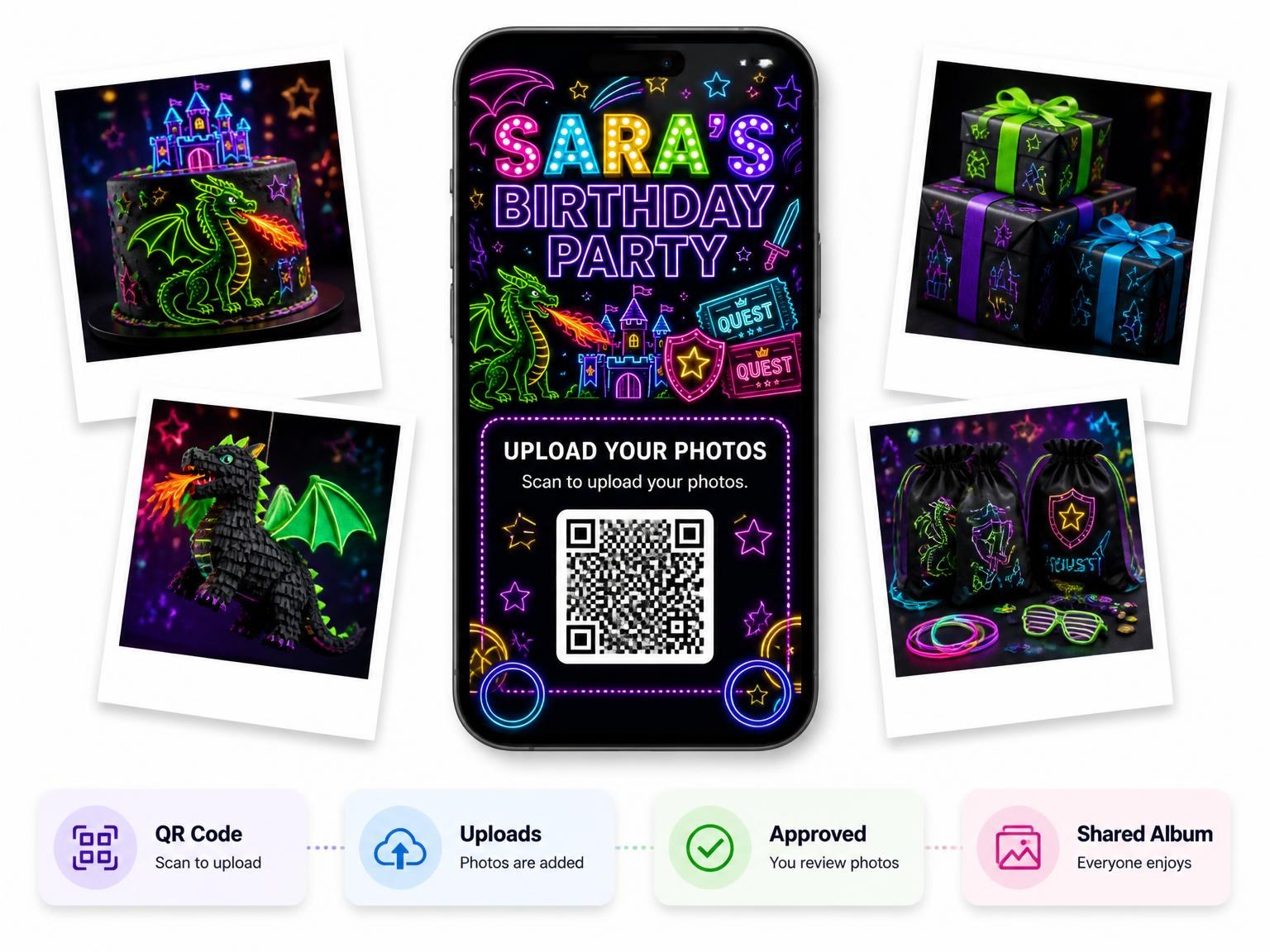 The shared photo gallery that comes with the Neon Dragon 15th Birthday Invitation invitation