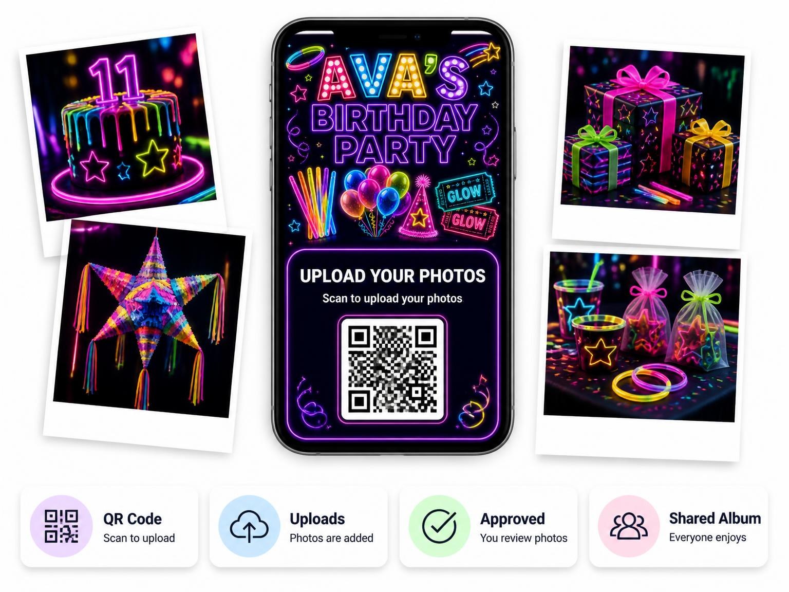 The shared photo gallery that comes with the Neon Glow Party 11th Birthday Invitation invitation