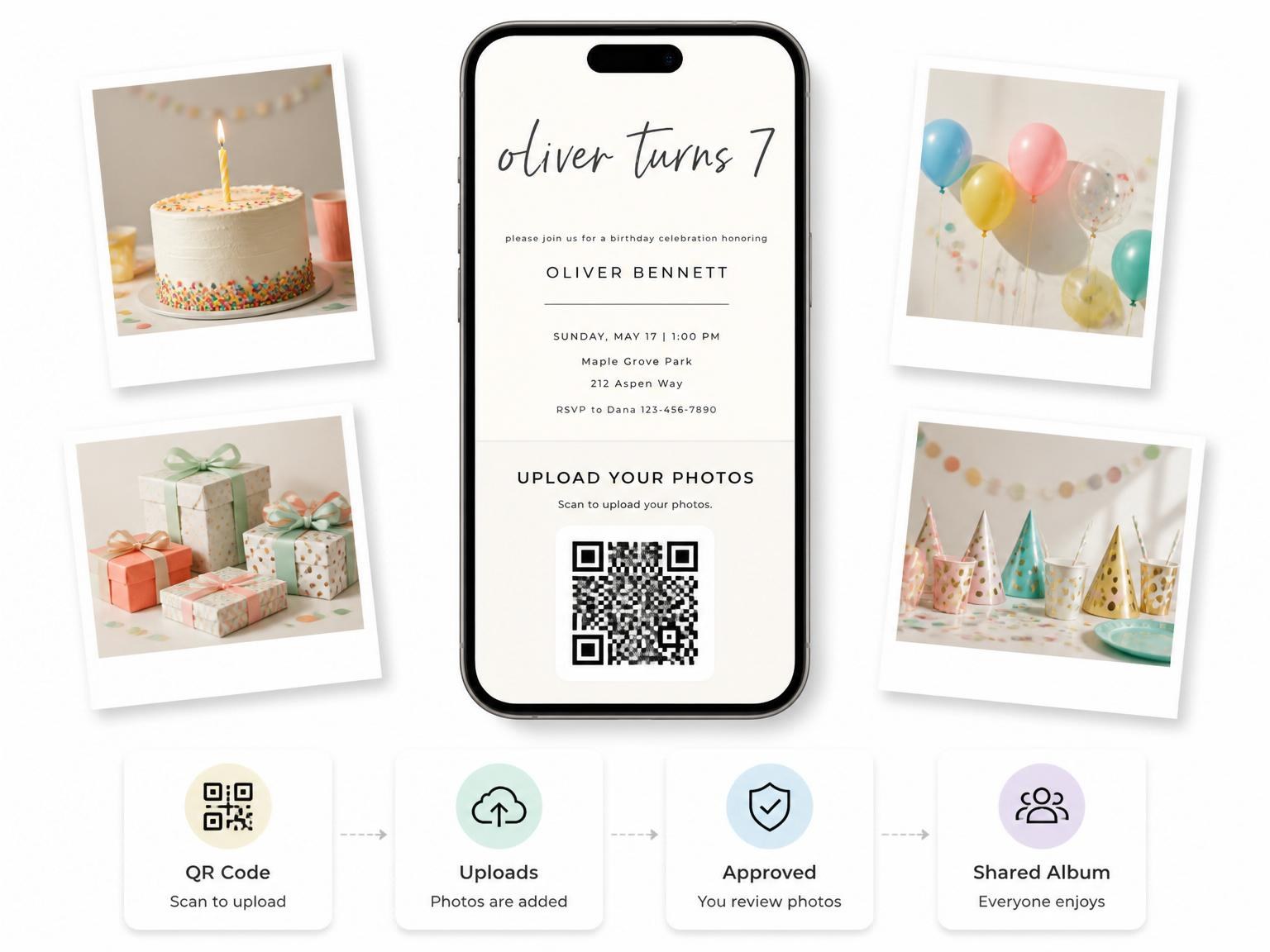 The shared photo gallery that comes with the Cream Minimalist Typography 7th Birthday Invitation invitation