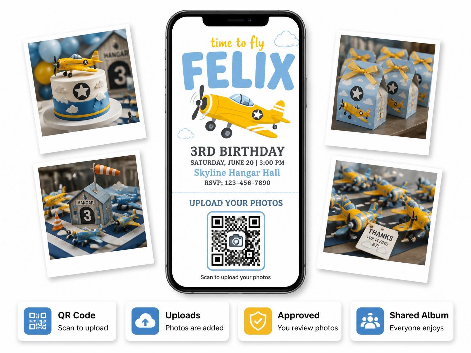 The shared photo gallery that comes with the Yellow Airplane Sky 3rd Birthday Invitation invitation