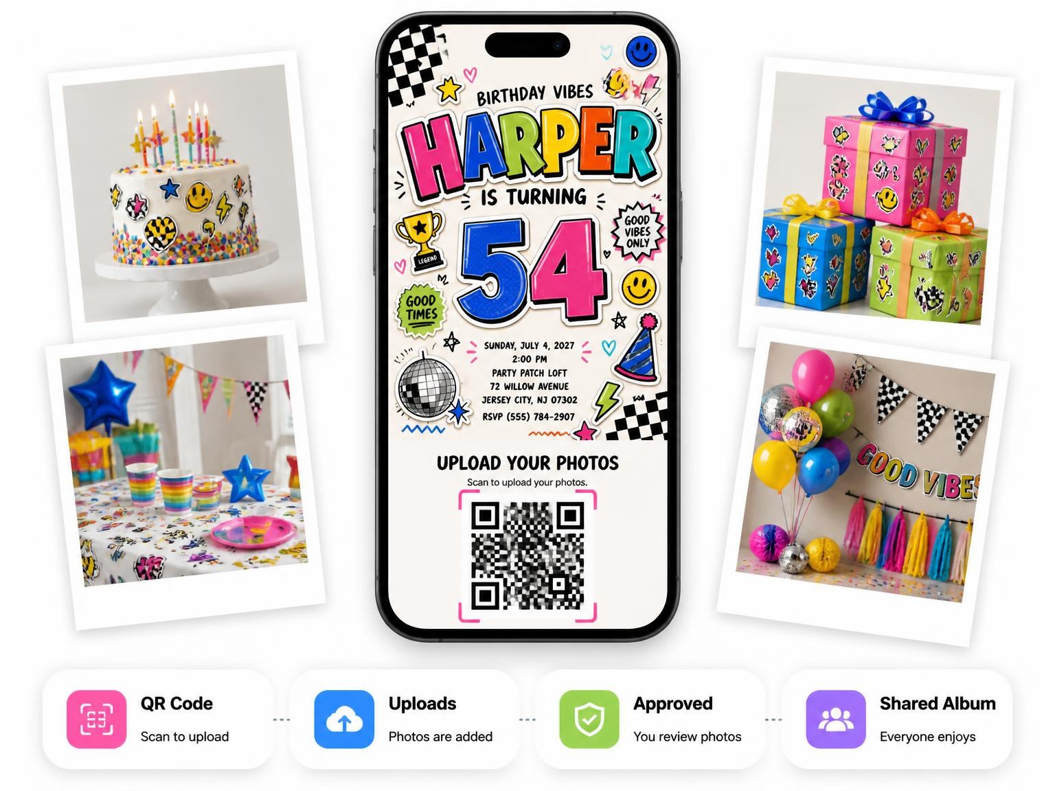 The shared photo gallery that comes with the Sticker Pop 54th Birthday Invitation invitation