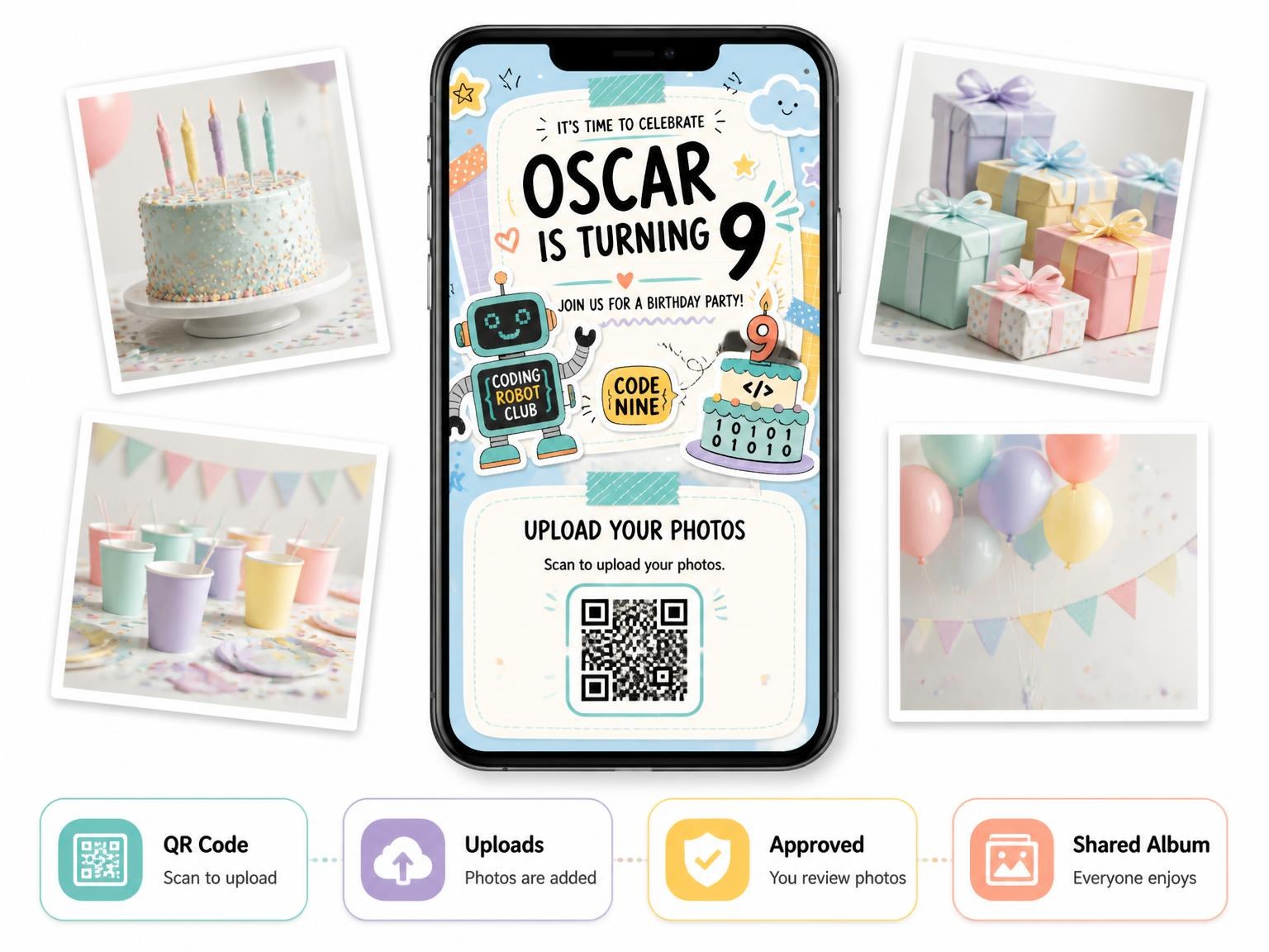 The shared photo gallery that comes with the Robot Pastel Scrapbook 9th Birthday Invitation invitation