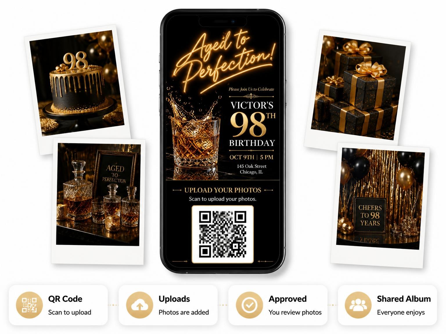The shared photo gallery that comes with the Crystal Whiskey 98th Birthday Invitation invitation