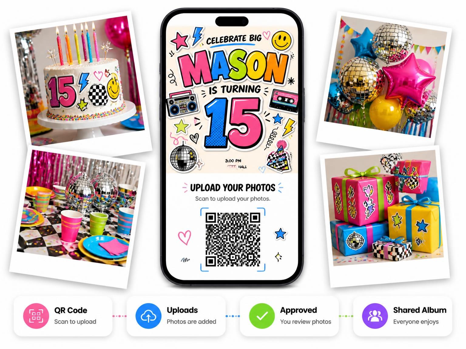 The shared photo gallery that comes with the Sticker Pop 15th Birthday Invitation invitation