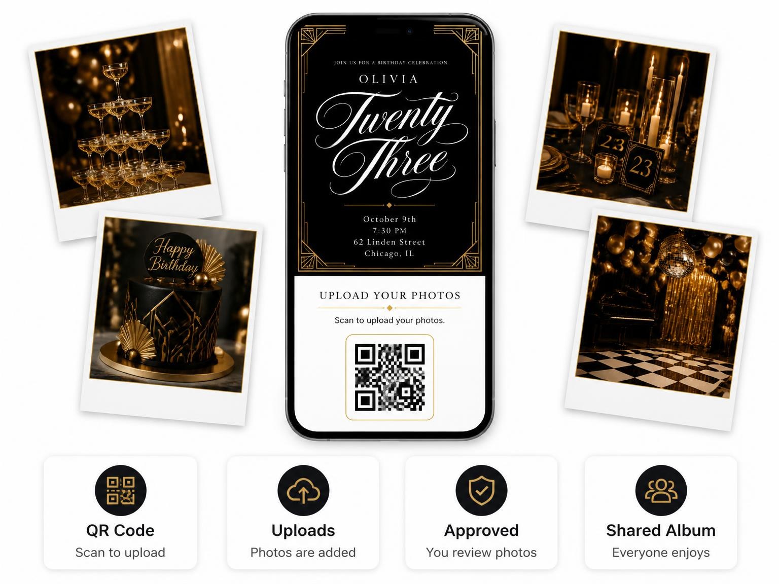 The shared photo gallery that comes with the Art Deco 23rd Birthday Invitation invitation