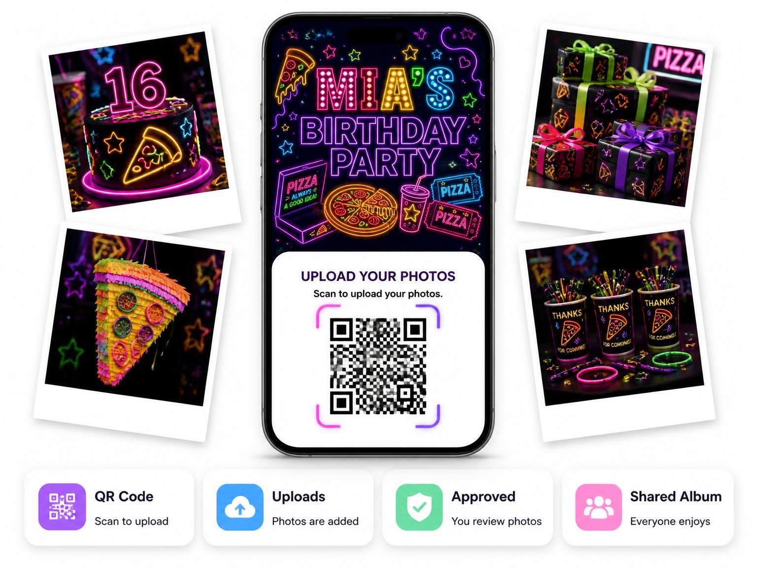 The shared photo gallery that comes with the Neon Pizza 16th Birthday Invitation invitation