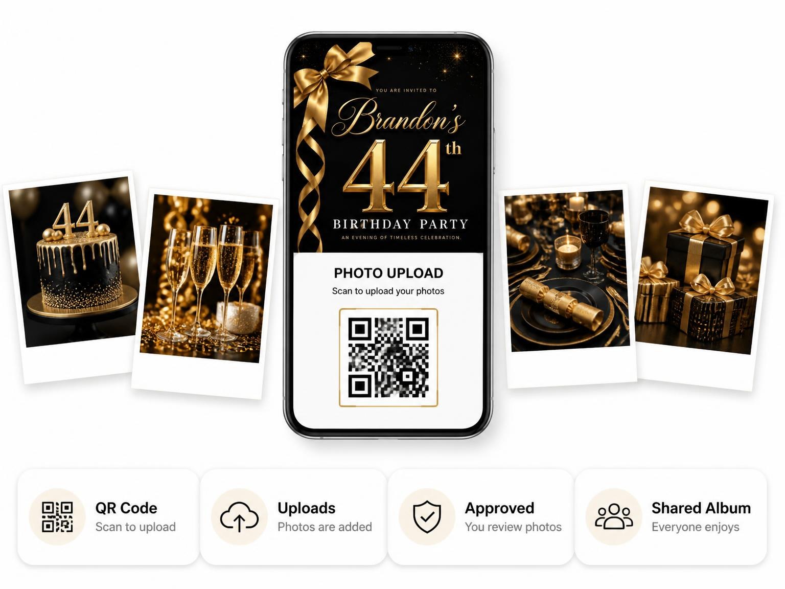 The shared photo gallery that comes with the Black and Gold Ribbon 44th Birthday invitation