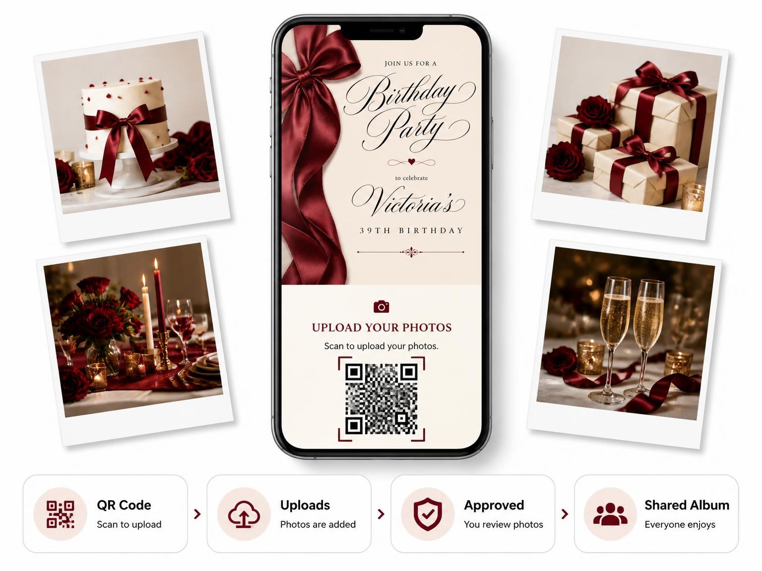 The shared photo gallery that comes with the Burgundy Satin Bow 39th Birthday Invitation invitation