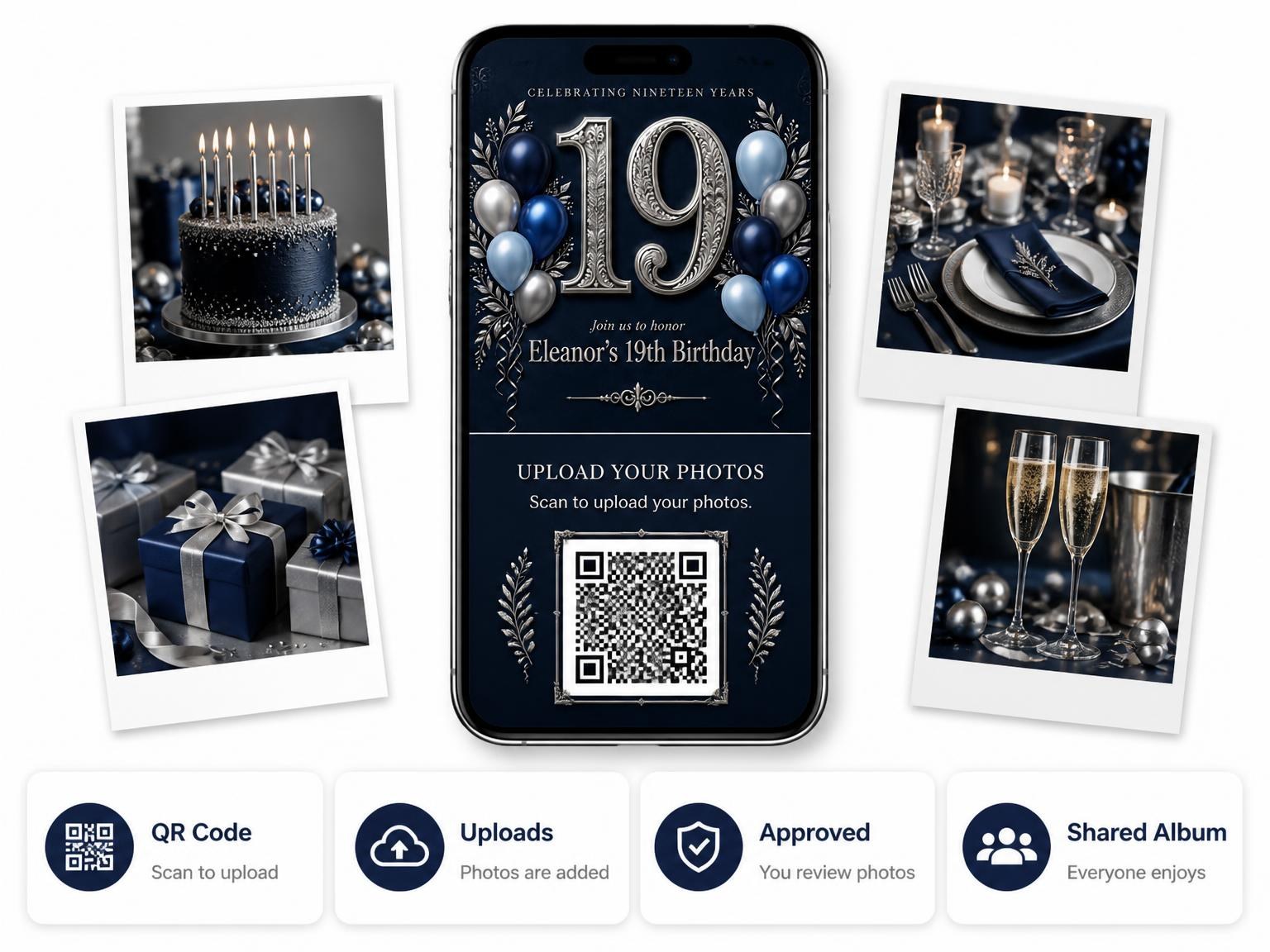The shared photo gallery that comes with the Navy and Silver 19th Birthday Invitation invitation