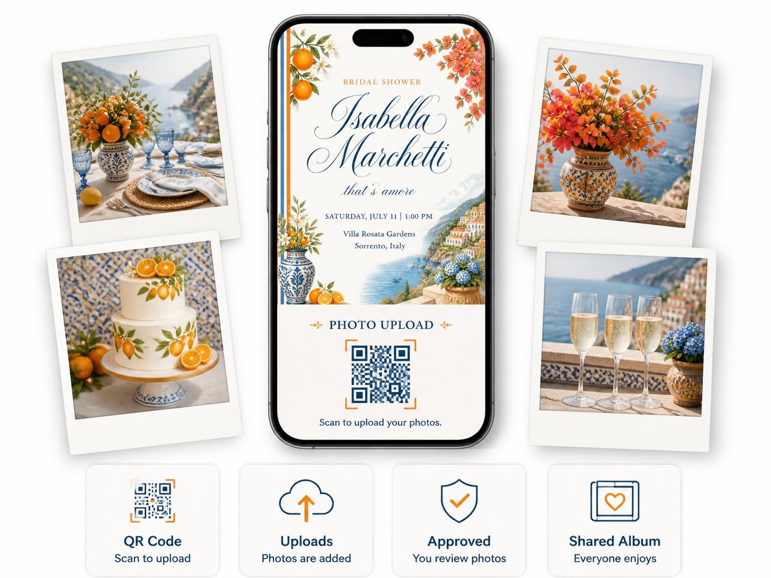 The shared photo gallery that comes with the Watercolor Citrus Amalfi Coast Bridal Shower invitation